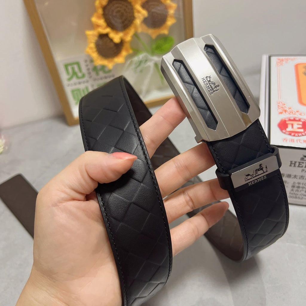 HM Belt 38mm Black Calfskin Leather Sliver Buckle 619595