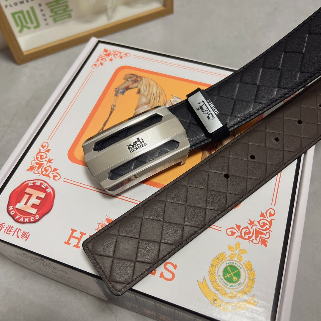 HM Belt 38mm Black Calfskin Leather Sliver Buckle 619595