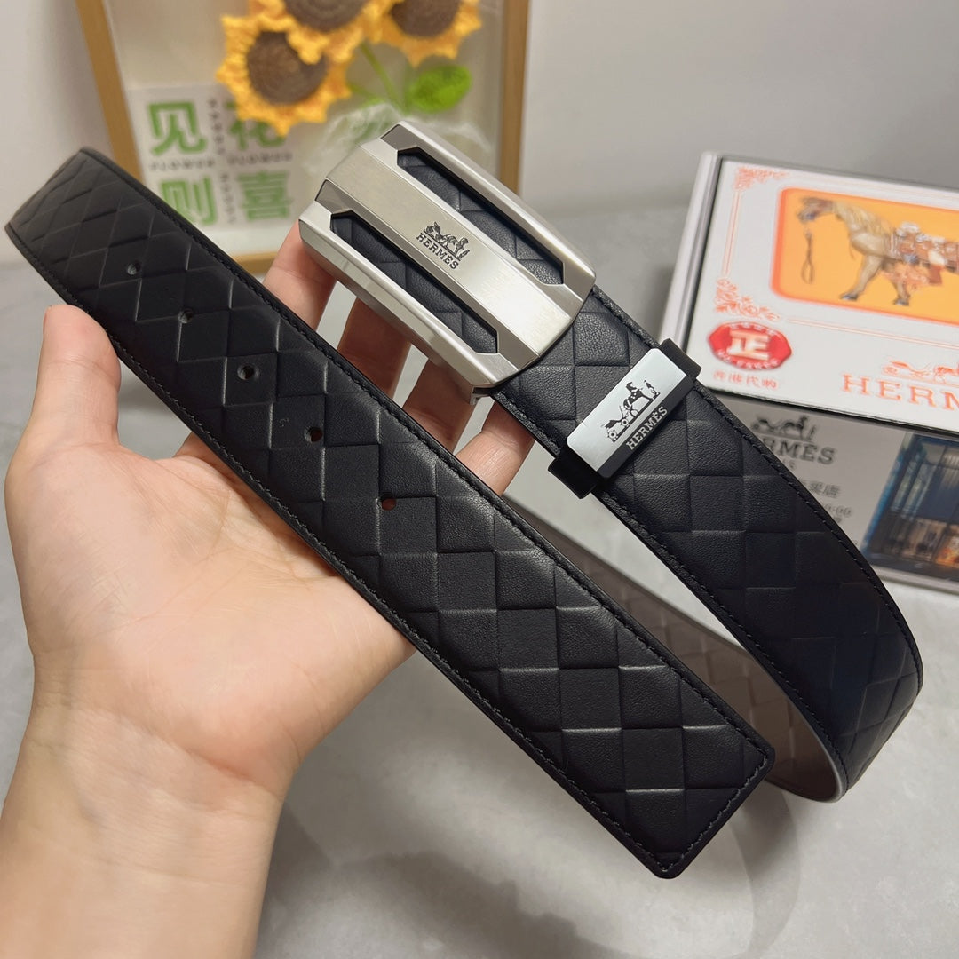 HM Belt 38mm Black Calfskin Leather Sliver Buckle 619595
