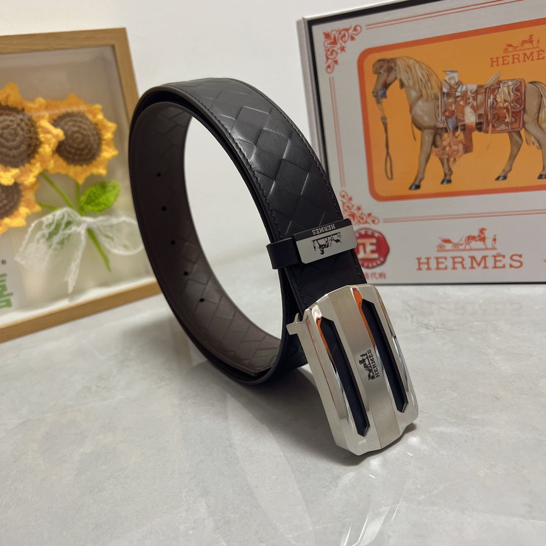 HM Belt 38mm Black Calfskin Leather Sliver Buckle 619595