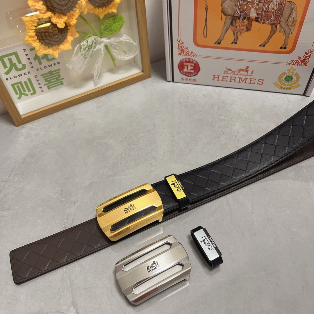 HM Belt 38mm Black Calfskin Leather Sliver Buckle 619595