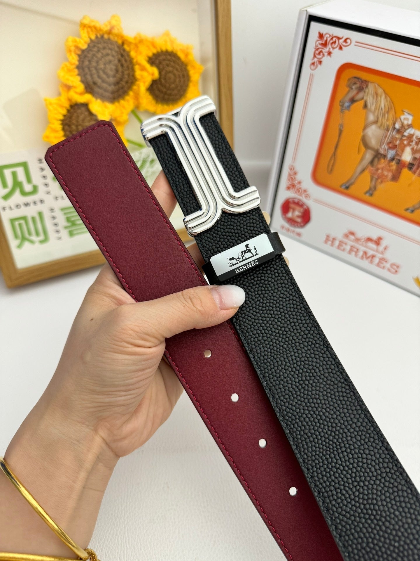 HM Belt 38mm Black Red Cowhide Leather Sliver Buckle 619013