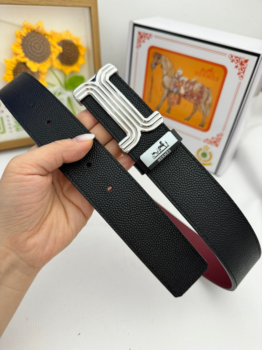 HM Belt 38mm Black Red Cowhide Leather Sliver Buckle 619013