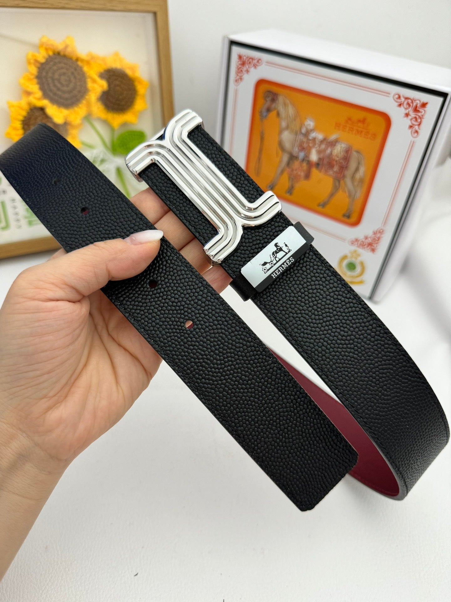 HM Belt 38mm Black Red Cowhide Leather Sliver Buckle 619013