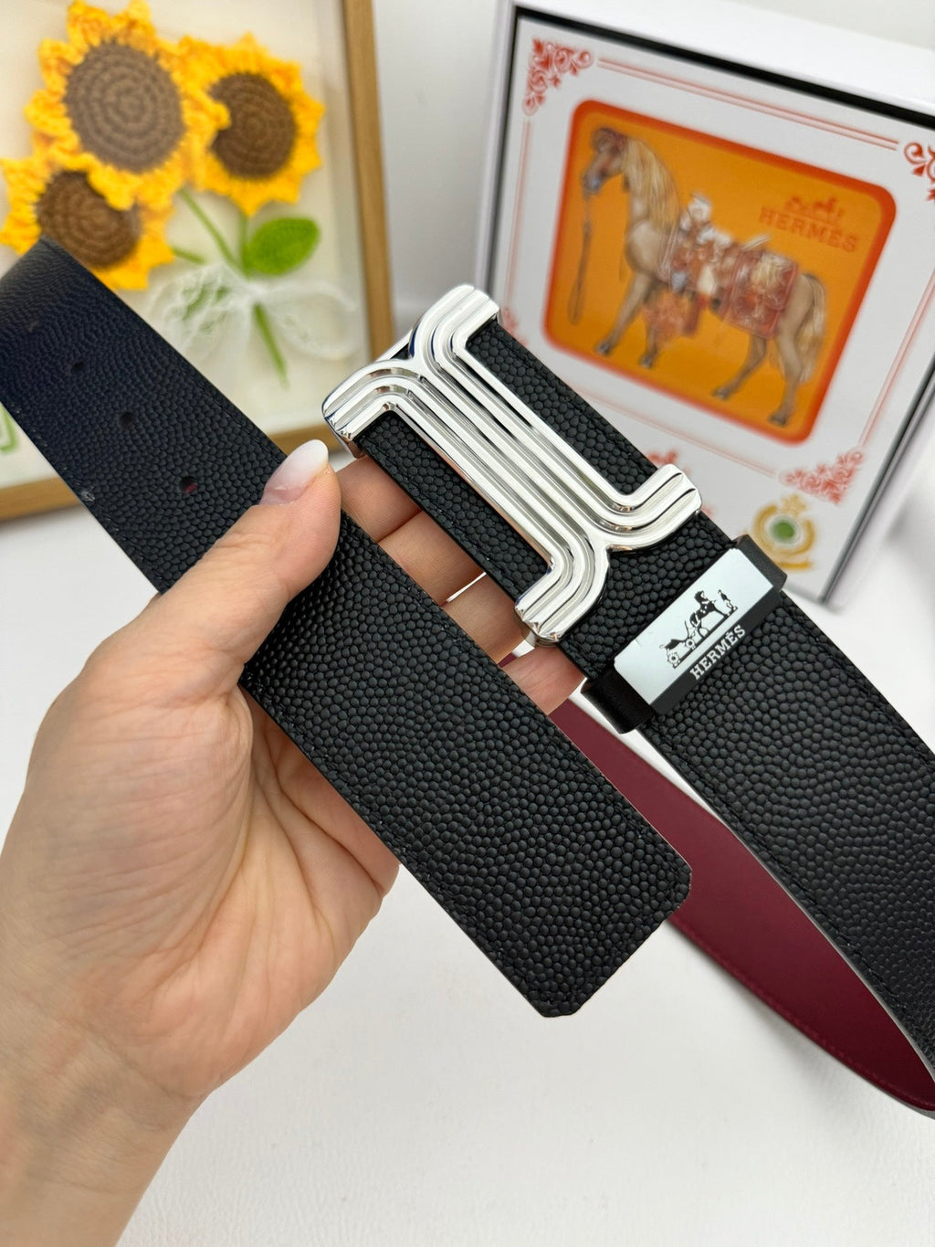 HM Belt 38mm Black Red Cowhide Leather Sliver Buckle 619013