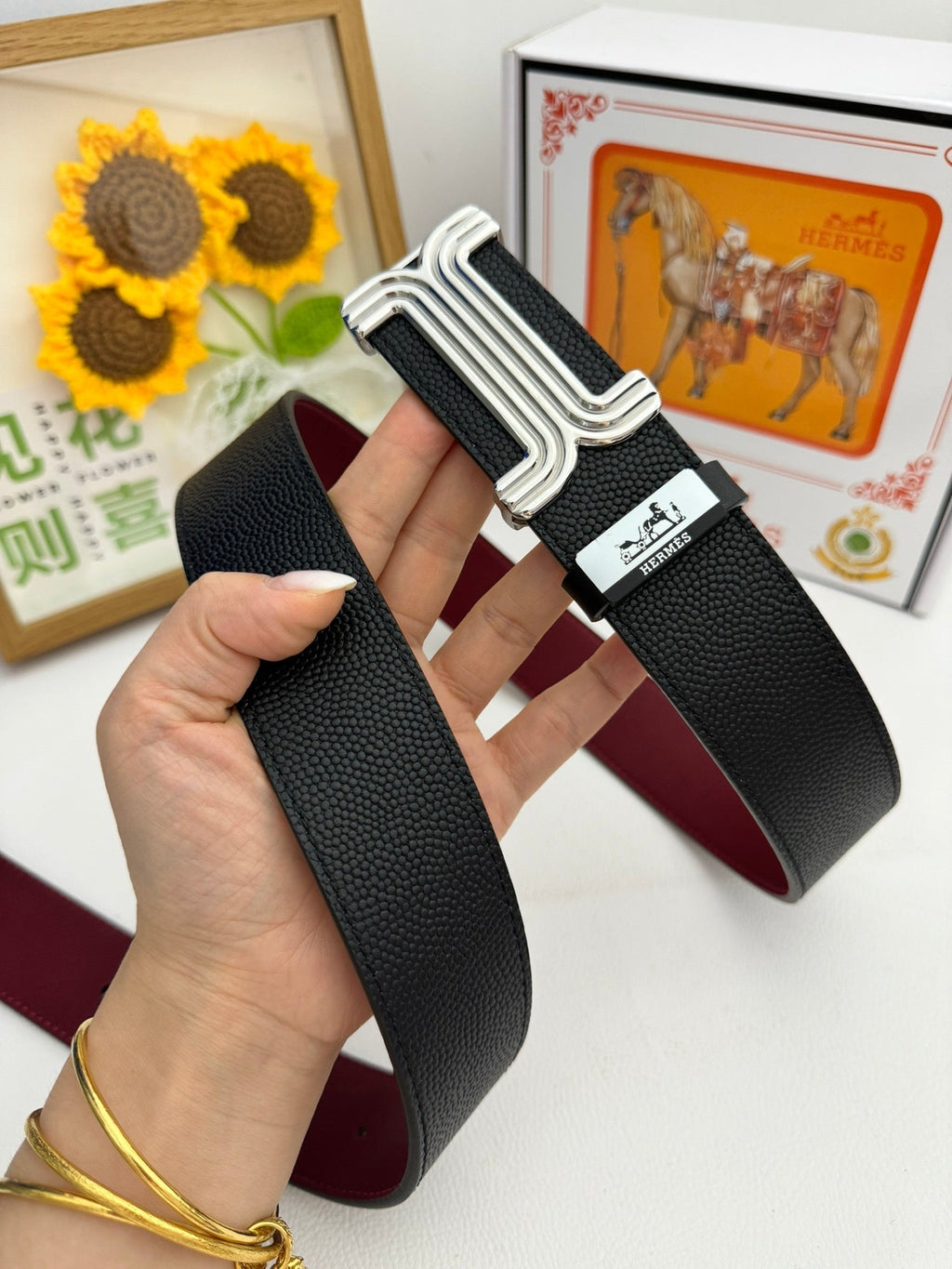 HM Belt 38mm Black Red Cowhide Leather Sliver Buckle 619013