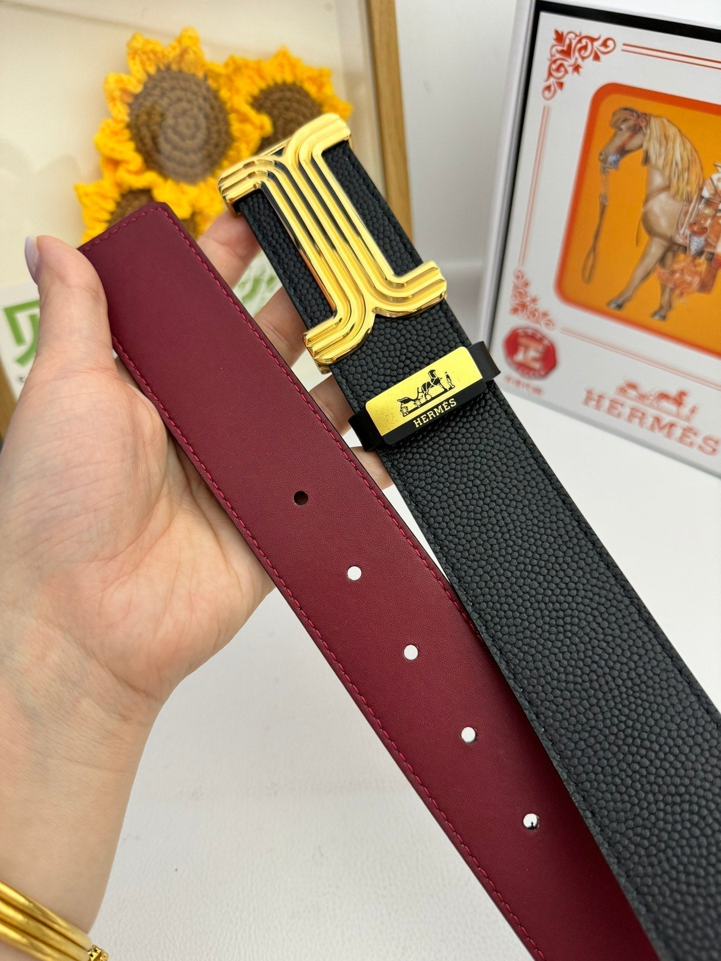 HM Belt 38mm Black Red Cowhide Leather Gold Buckle 619014