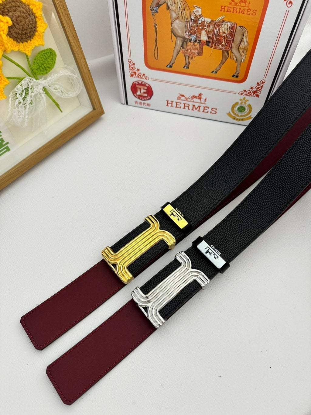 HM Belt 38mm Black Red Cowhide Leather Gold Buckle 619014