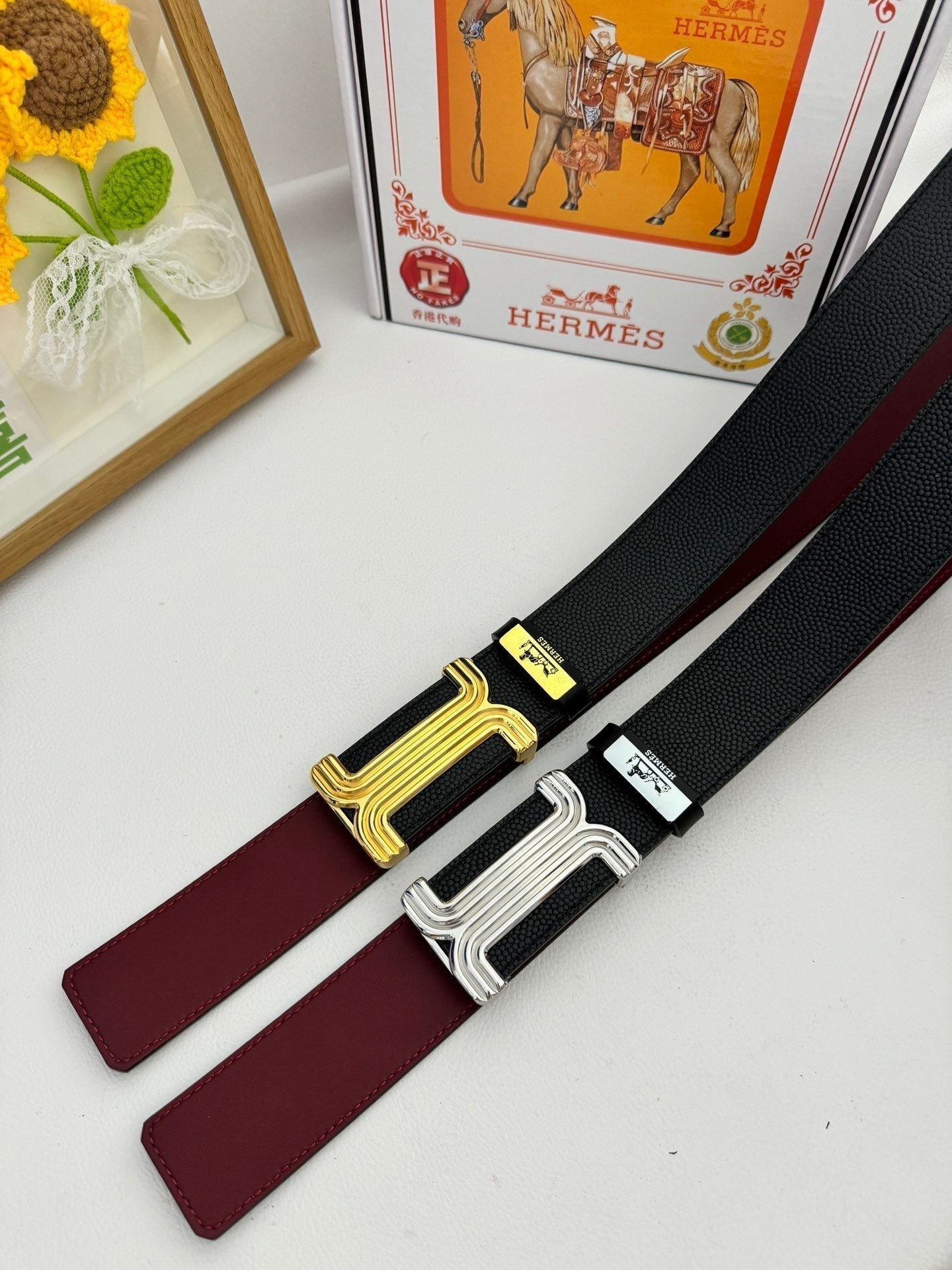 HM Belt 38mm Black Red Cowhide Leather Gold Buckle 619014