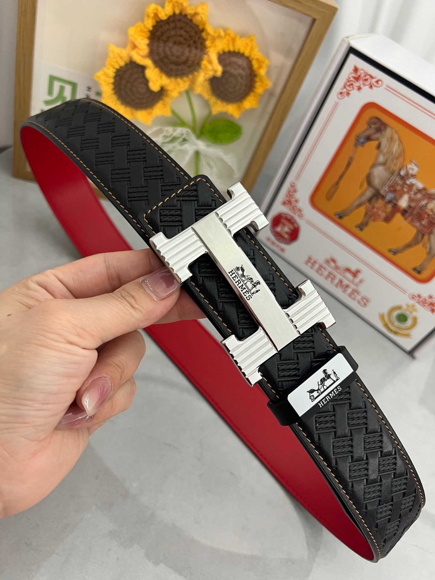 HM Belt 38mm Black Brown Cowhide Gold Diamond Buckle 618968