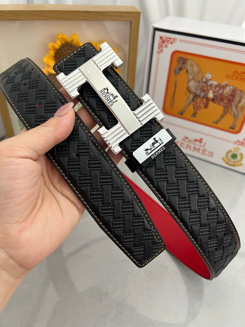 HM Belt 38mm Black Red Cowhide Leather Sliver Buckle 618970