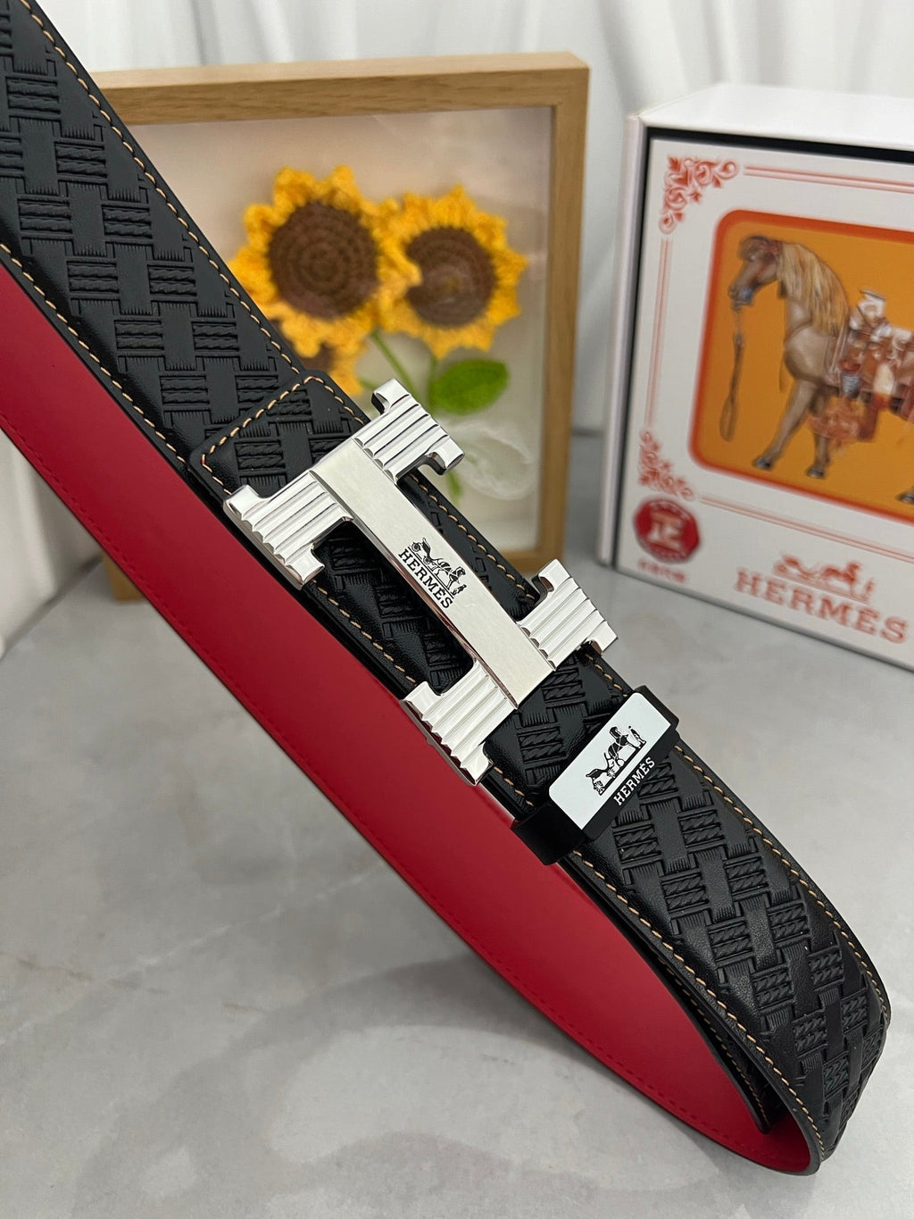HM Belt 38mm Black Red Cowhide Leather Sliver Buckle 618970