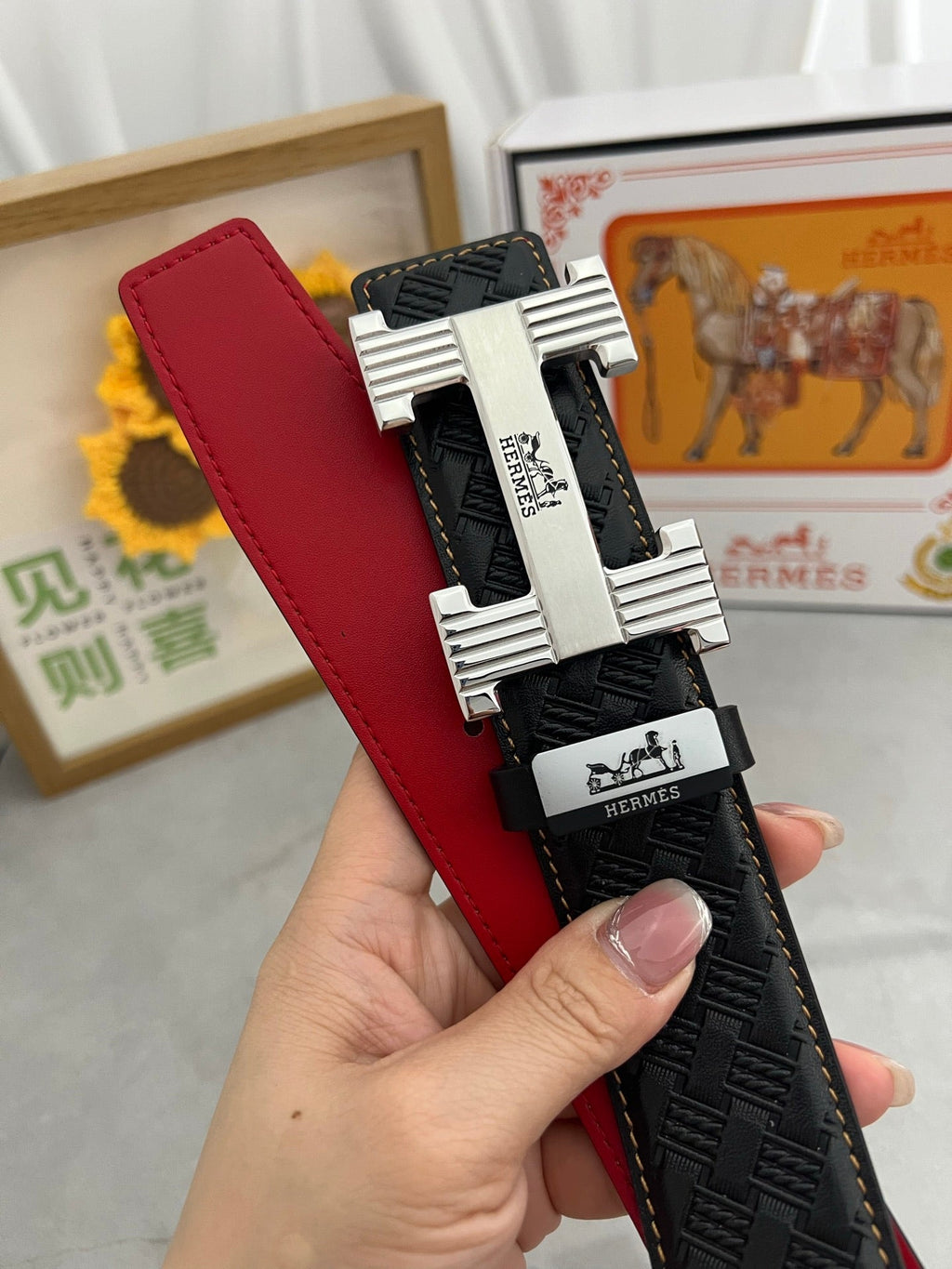 HM Belt 38mm Black Red Cowhide Leather Sliver Buckle 618970