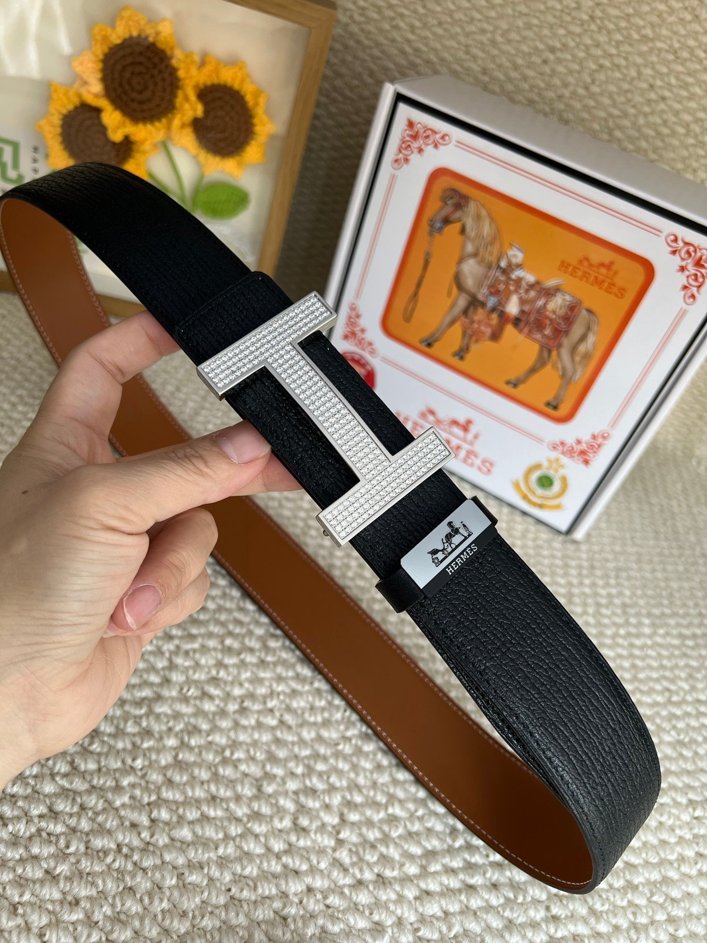 HM Belt 38mm Black Brown Cowhide Sliver Diamond Buckle 618967