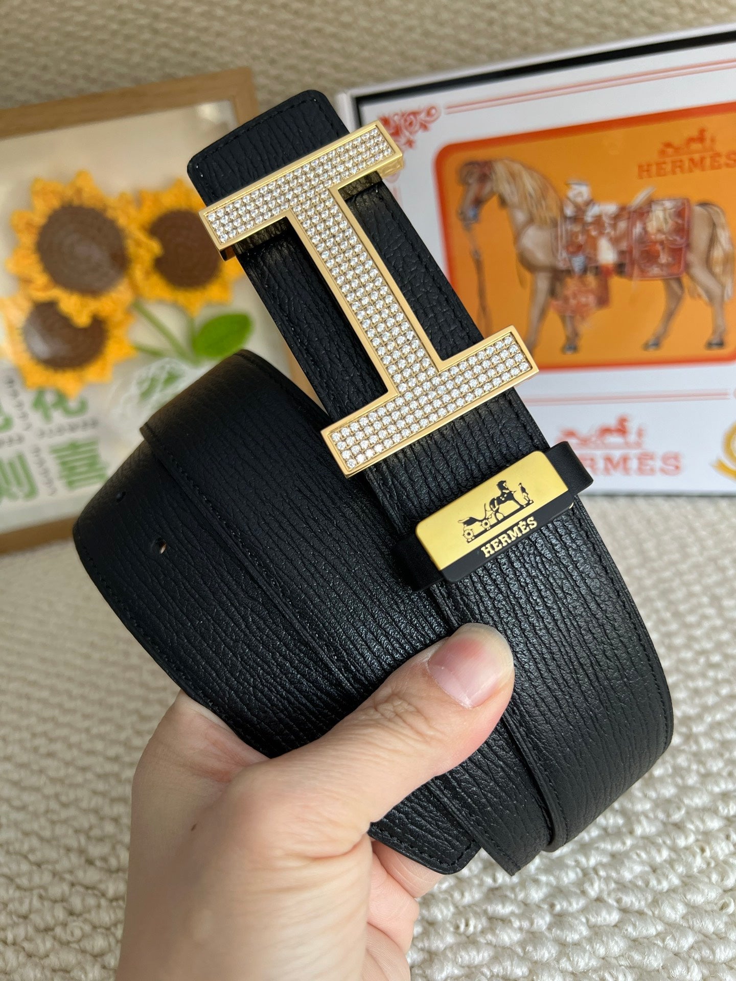HM Belt 38mm Black Brown Cowhide Gold Diamond Buckle 618968