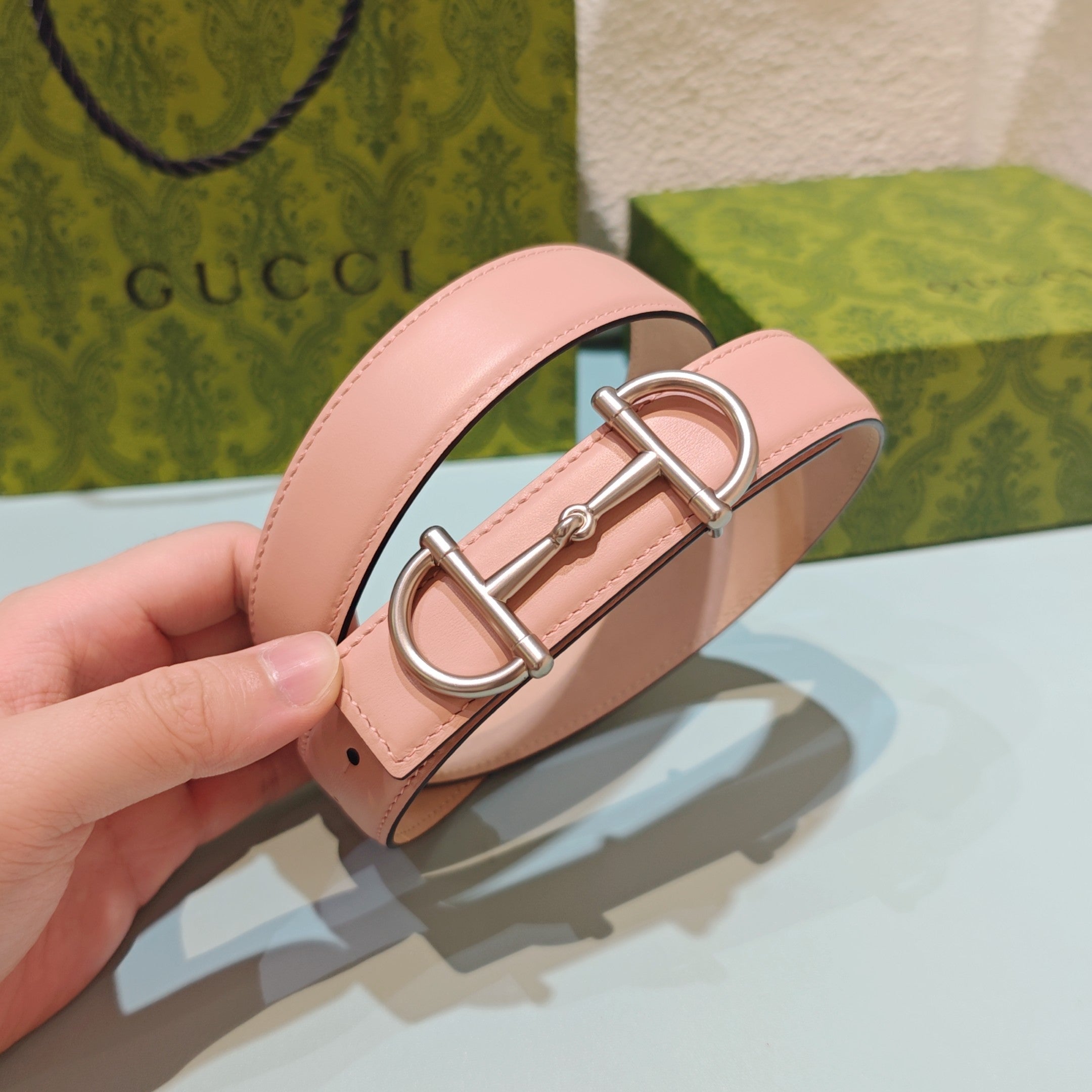 GG 3.0 Horsebit-Detailed Belt Pink Sliver Smooth Leather 200193