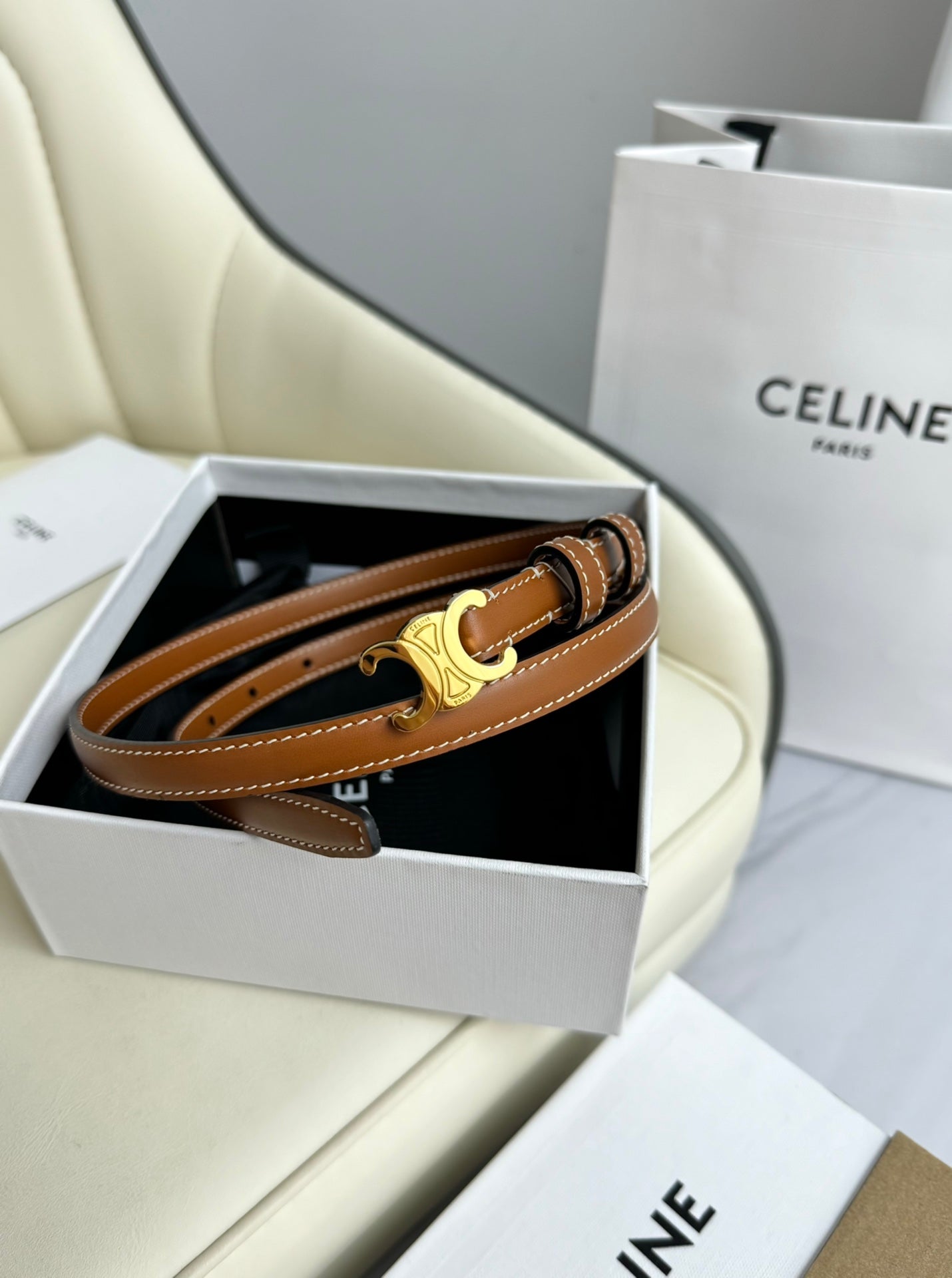 MINI TRIOMPHE BELT 13 MM BRONZE BROWN LEATHER GOLD HARDWARE