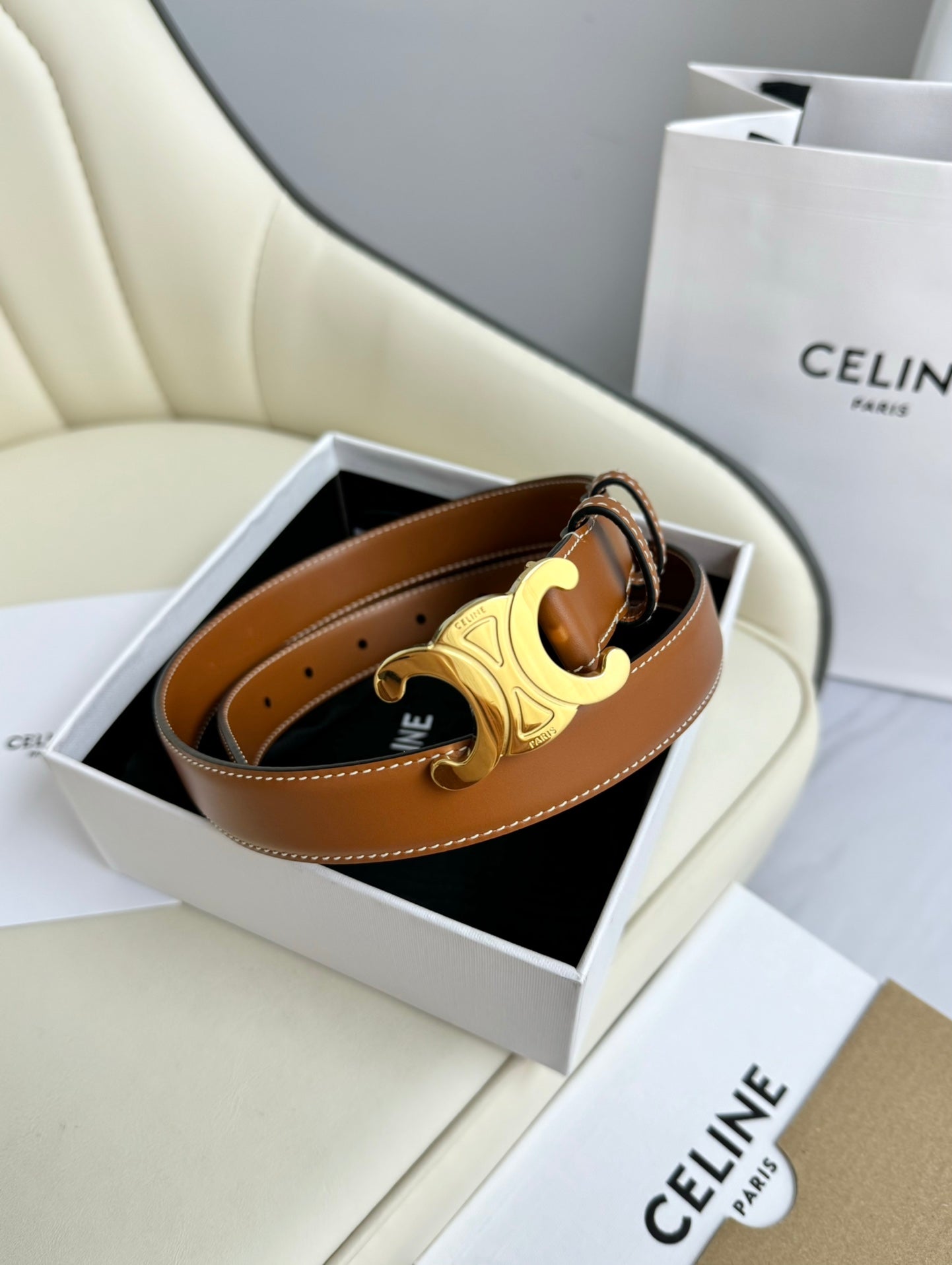MEDIUM TRIOMPHE BELT 25MM BRONZE BROWN LEATHER GOLD HARDWARE