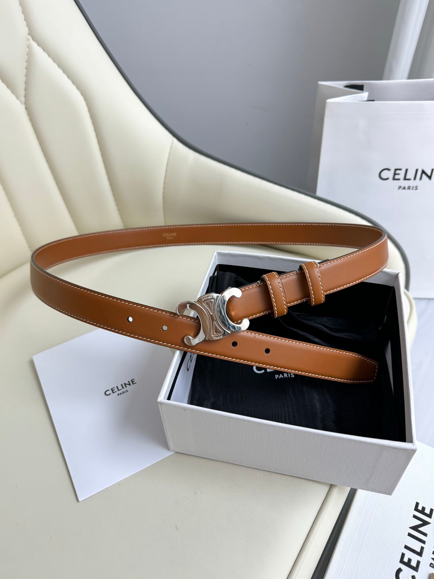MEDIUM TRIOMPHE BELT 25MM BRONZE BROWN LEATHER SILVER HARDWARE