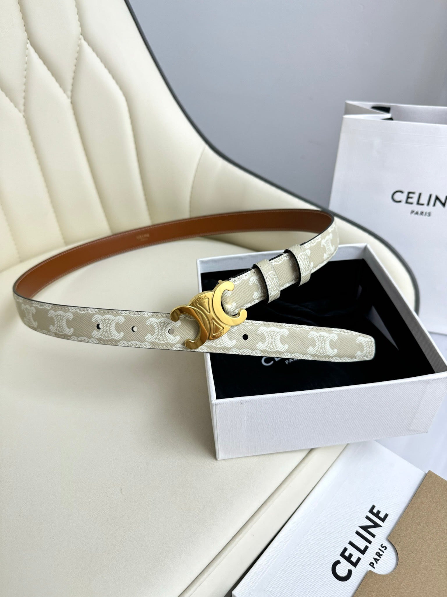 CEL Gold 25mm Triomphe Belt White Beige Canvas 180418