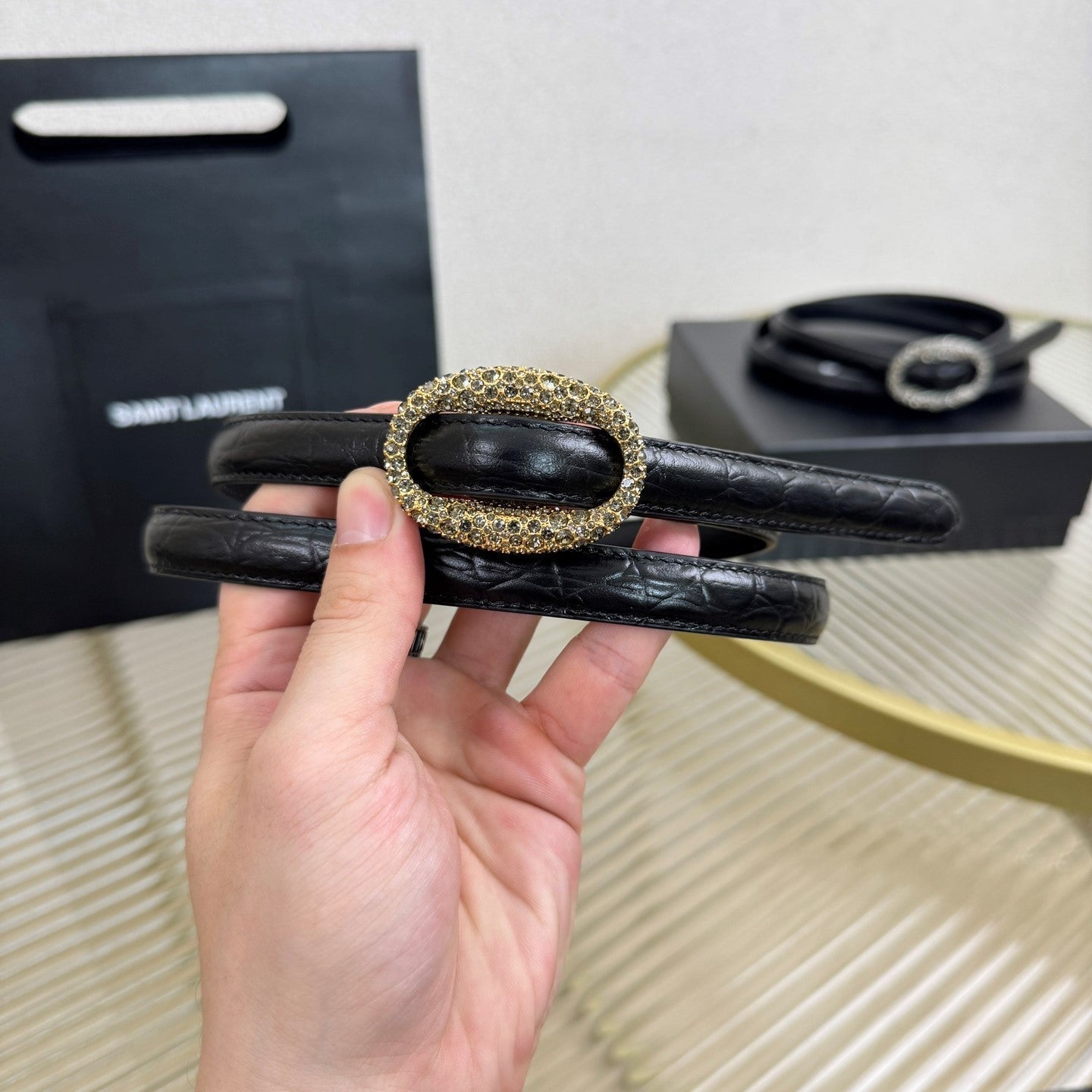 YSL 1.5 Gold Oval Buckle Belt Black Embossed Leather 200477
