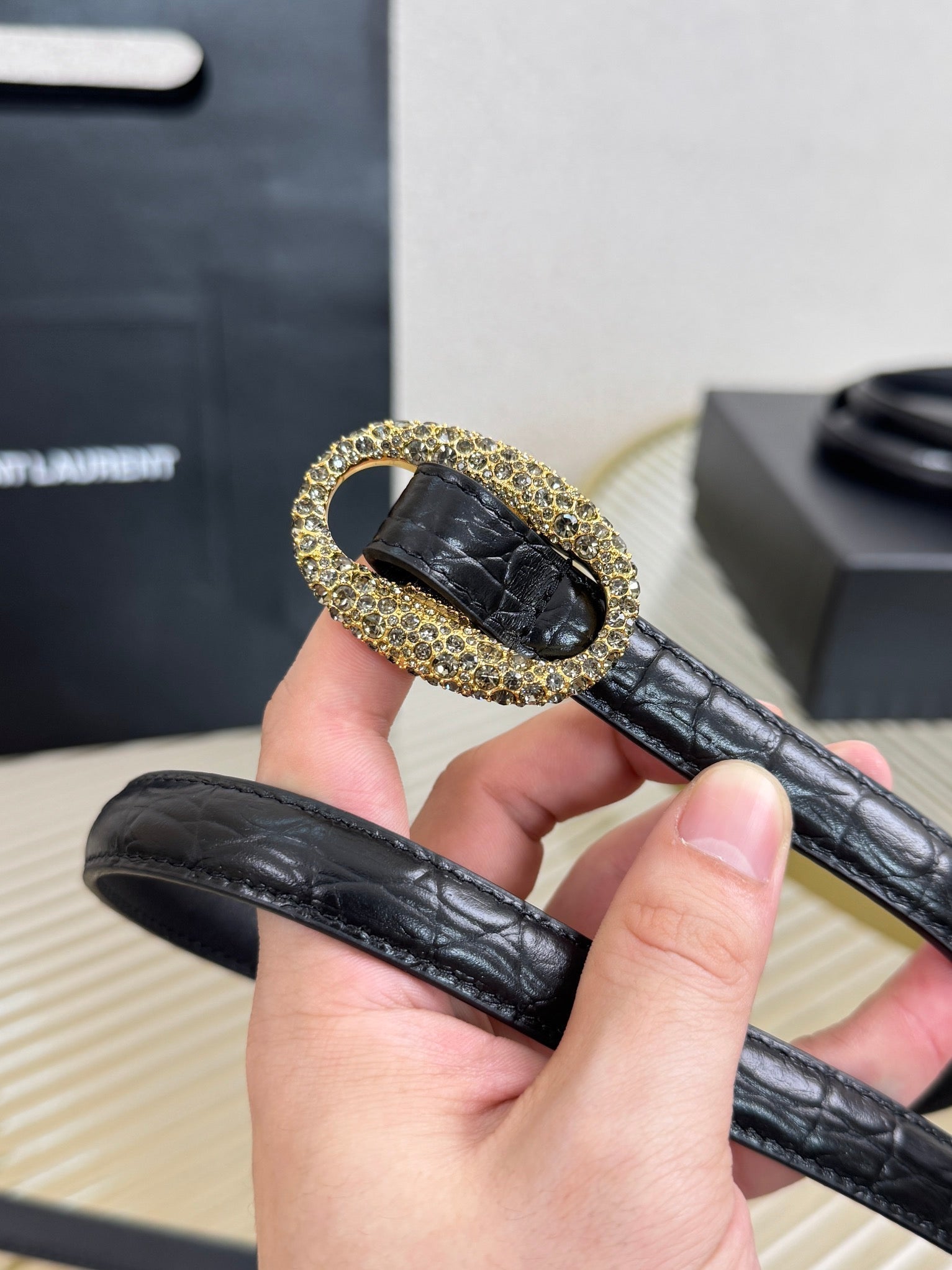 YSL 1.5 Gold Oval Buckle Belt Black Embossed Leather 200477