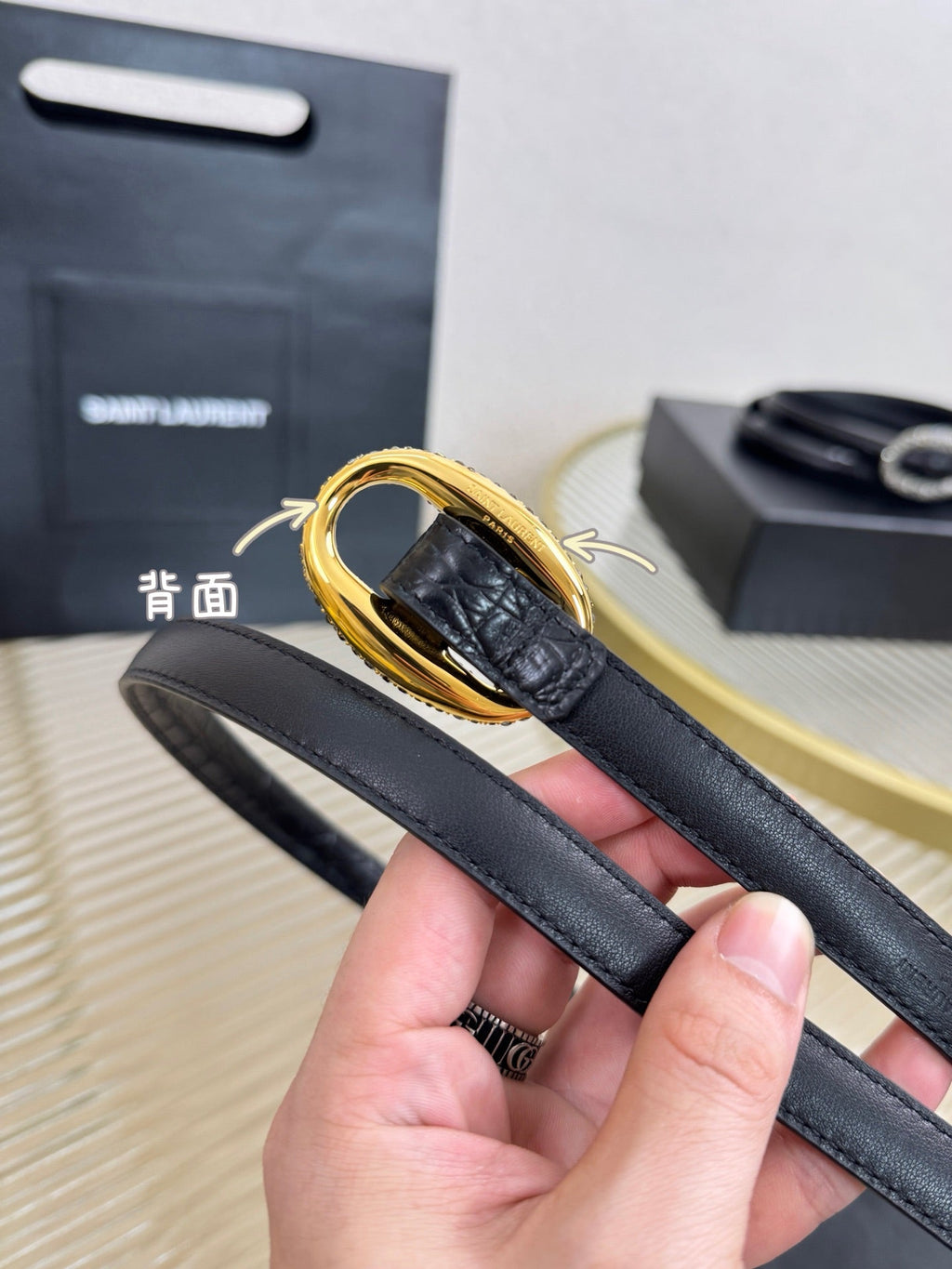 YSL 1.5 Gold Oval Buckle Belt Black Embossed Leather 200477