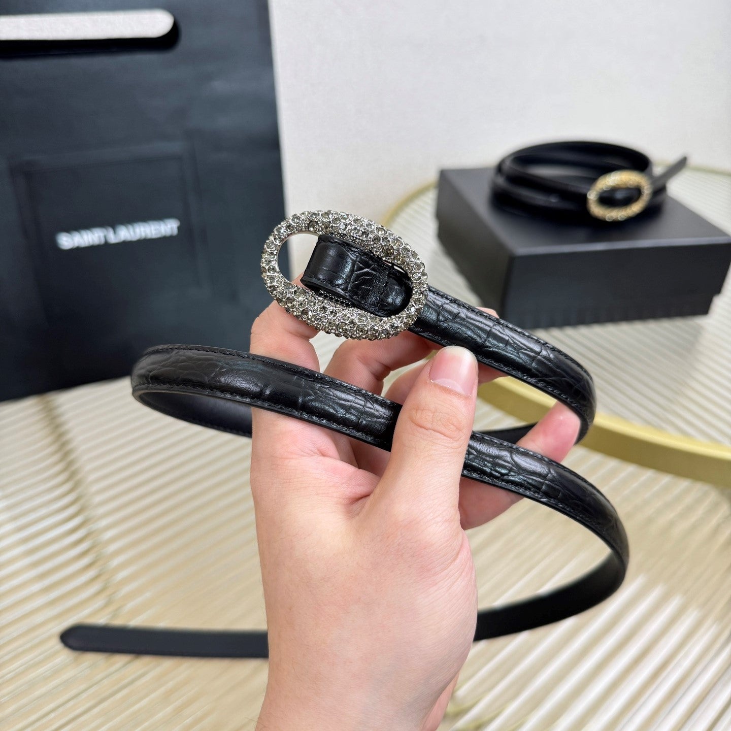 YSL 1.5 Sliver Oval Buckle Belt Black Embossed Leather 200476