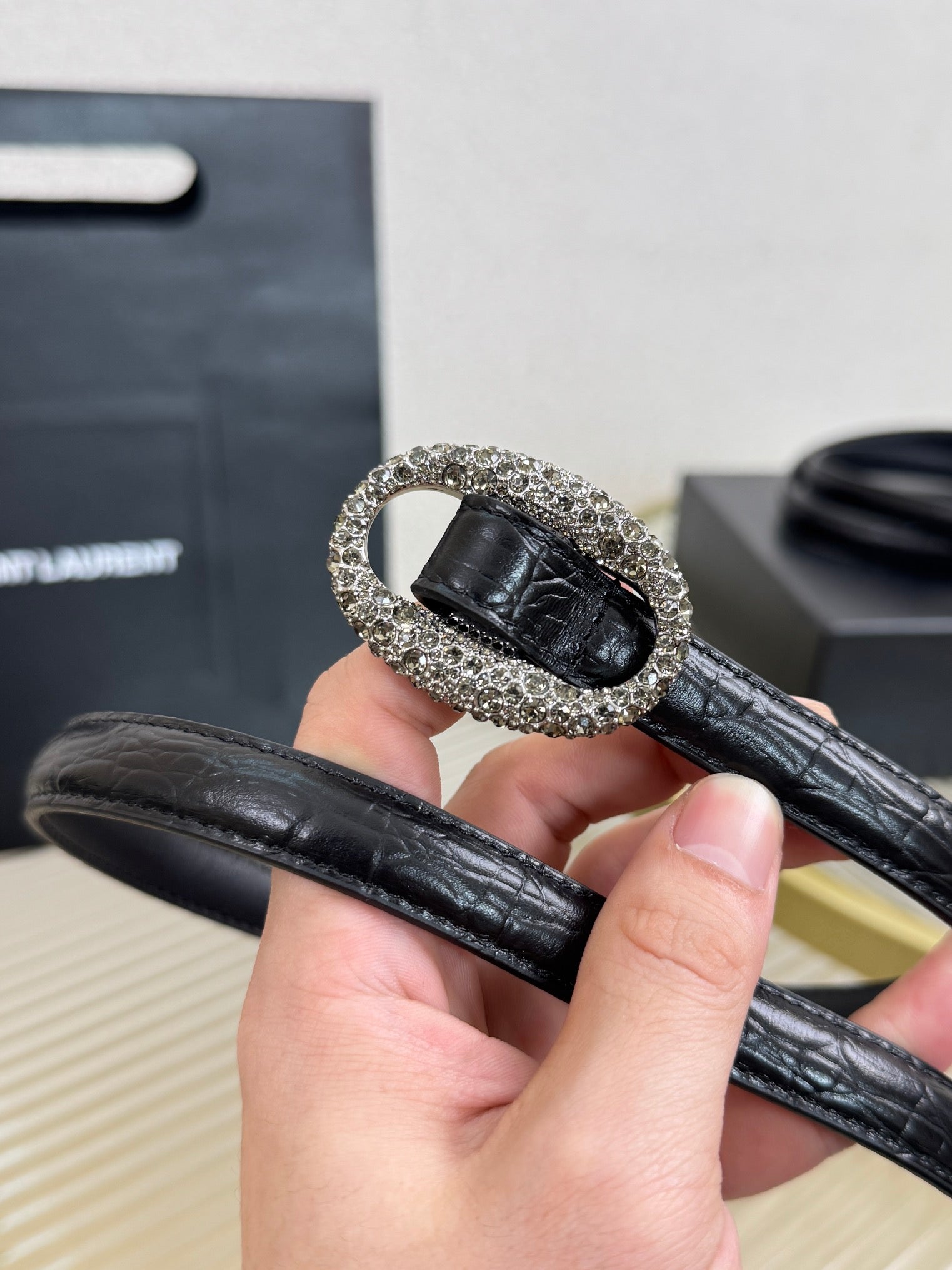 YSL 1.5 Sliver Oval Buckle Belt Black Embossed Leather 200476