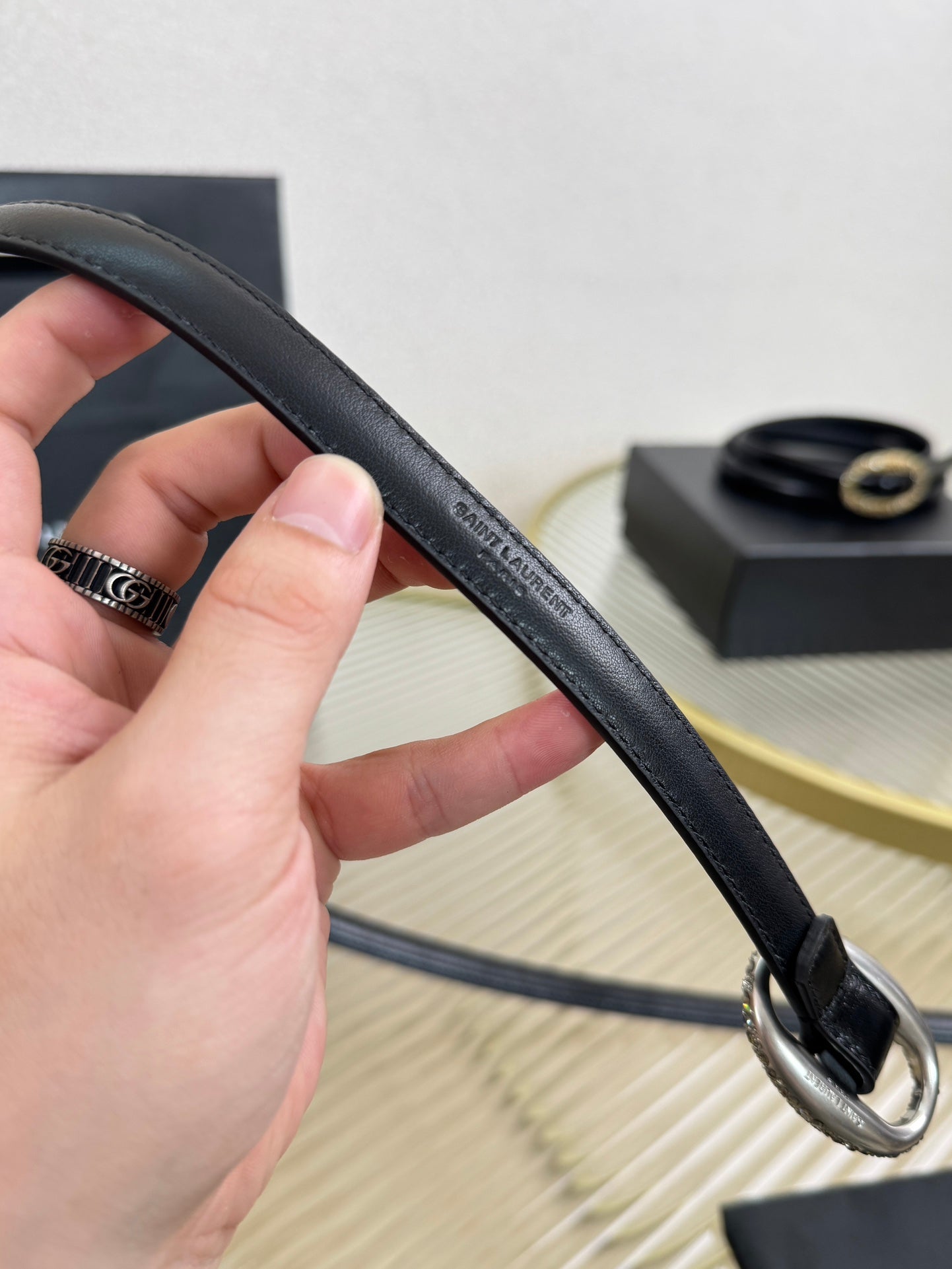 YSL 1.5 Sliver Oval Buckle Belt Black Leather 200474