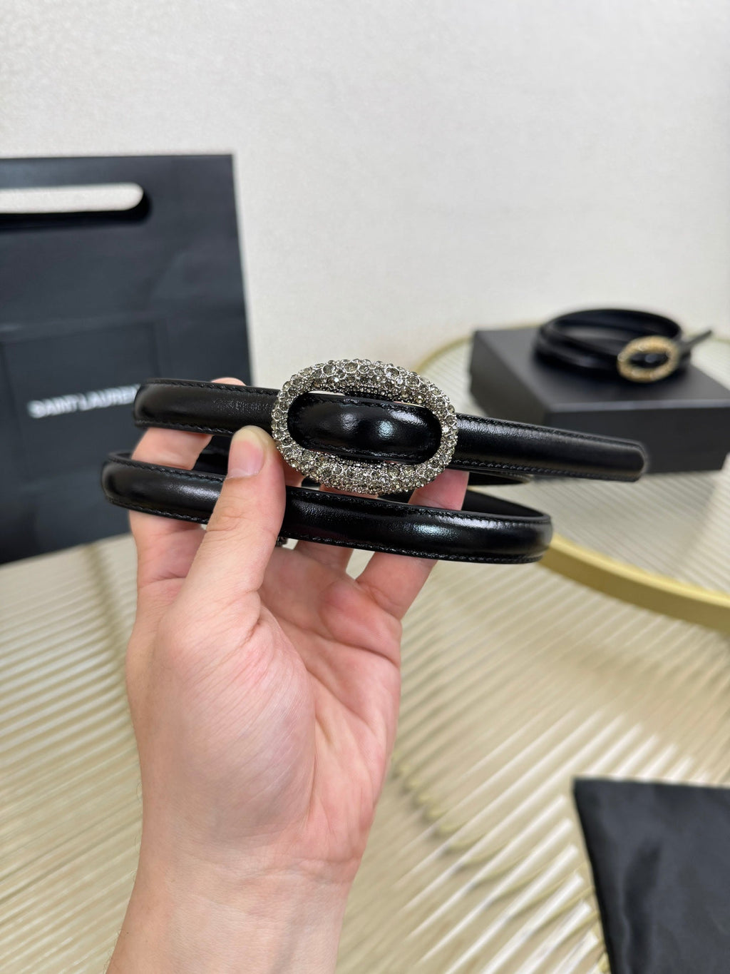 YSL 1.5 Sliver Oval Buckle Belt Black Leather 200474