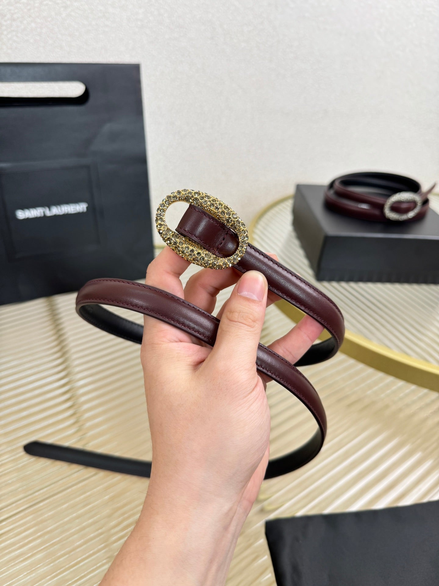 YSL 1.5 Gold Oval Buckle Belt Burgundy Leather