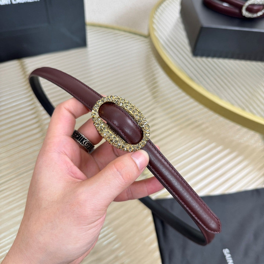 YSL 1.5 Gold Oval Buckle Belt Burgundy Leather