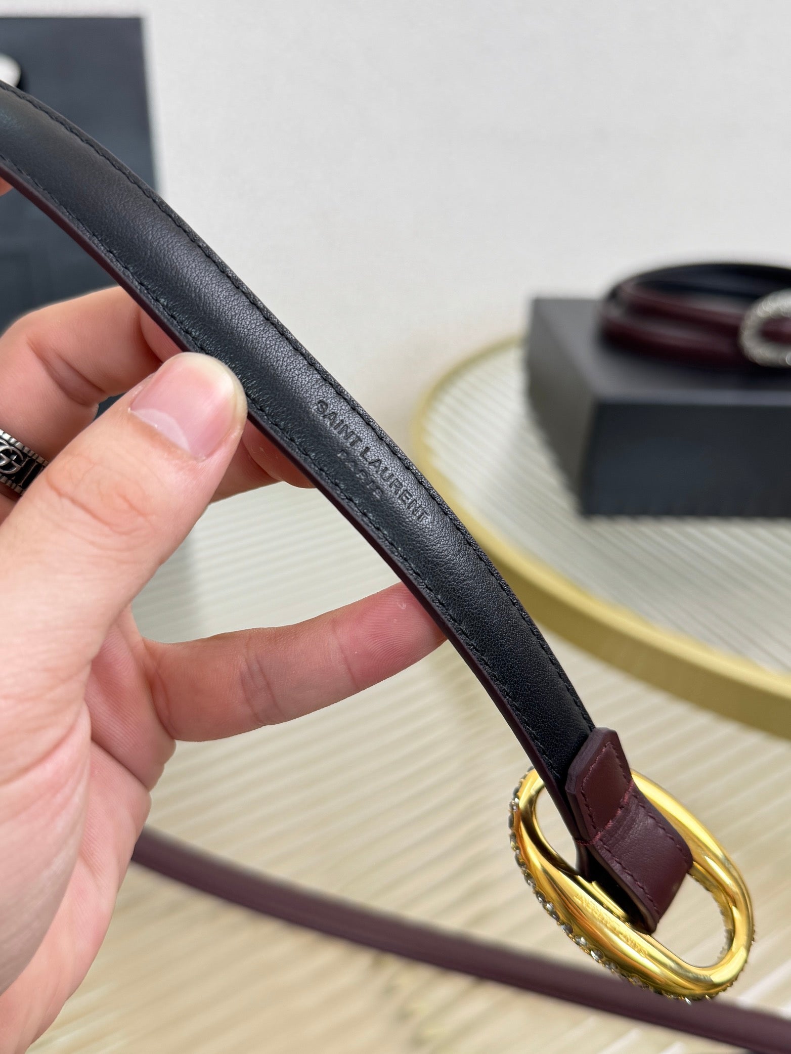 YSL 1.5 Gold Oval Buckle Belt Burgundy Leather