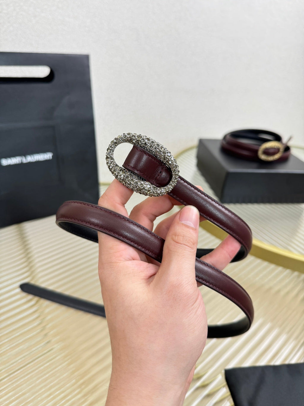 YSL 1.5 Sliver Oval Buckle Belt Burgundy Leather 200482