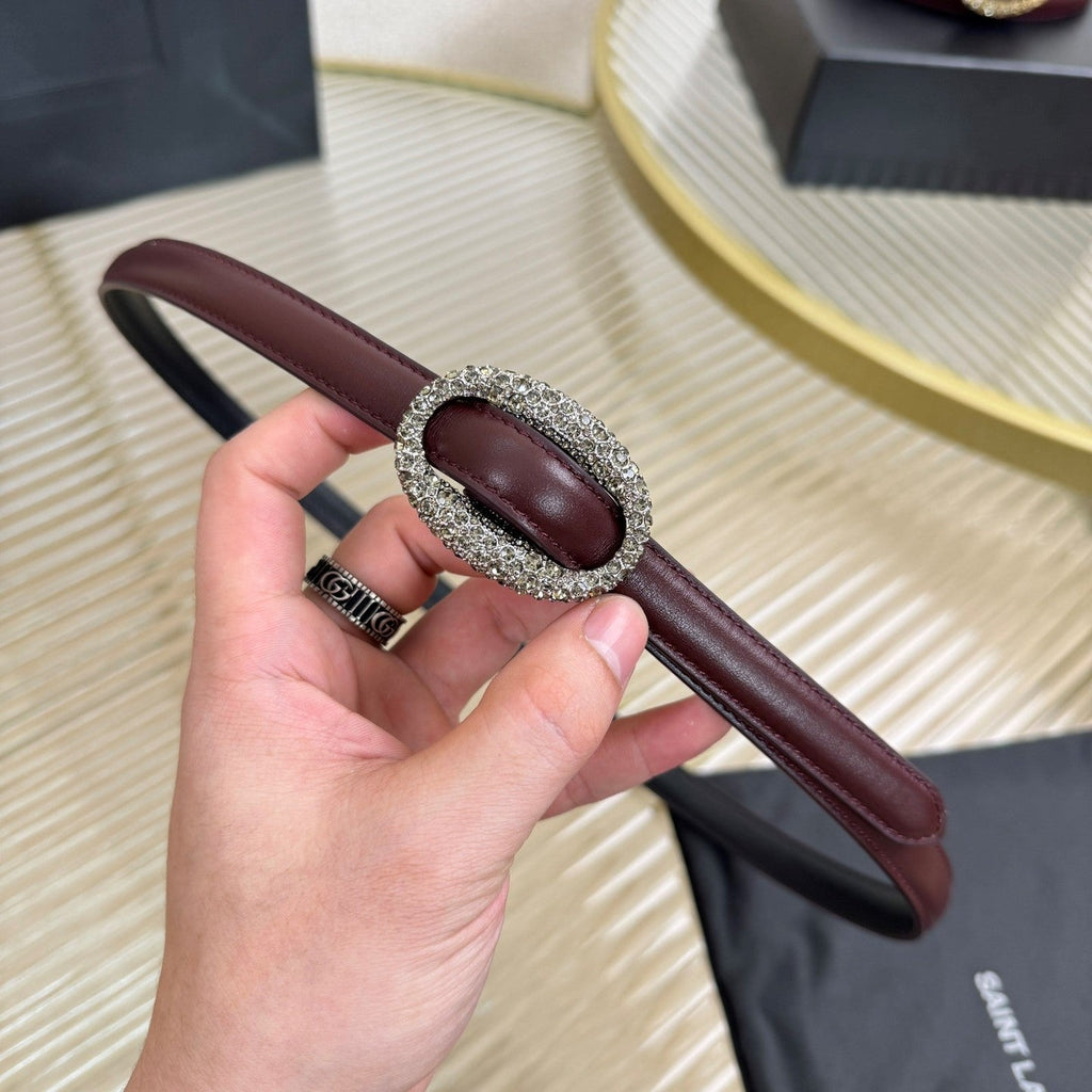 YSL 1.5 Sliver Oval Buckle Belt Burgundy Leather 200482