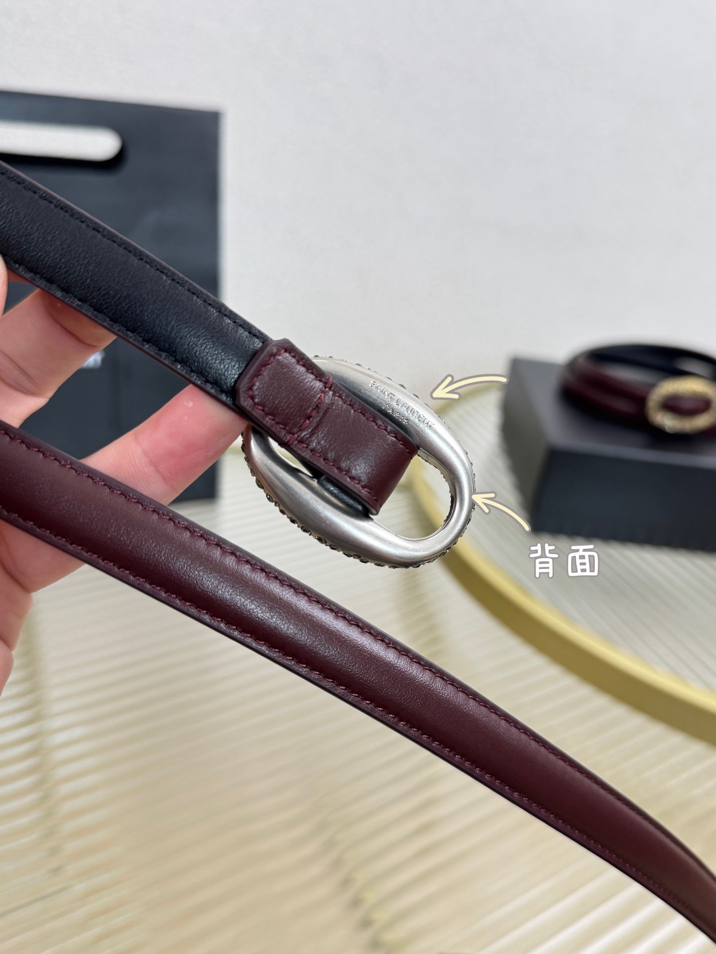 YSL 1.5 Sliver Oval Buckle Belt Burgundy Leather 200482