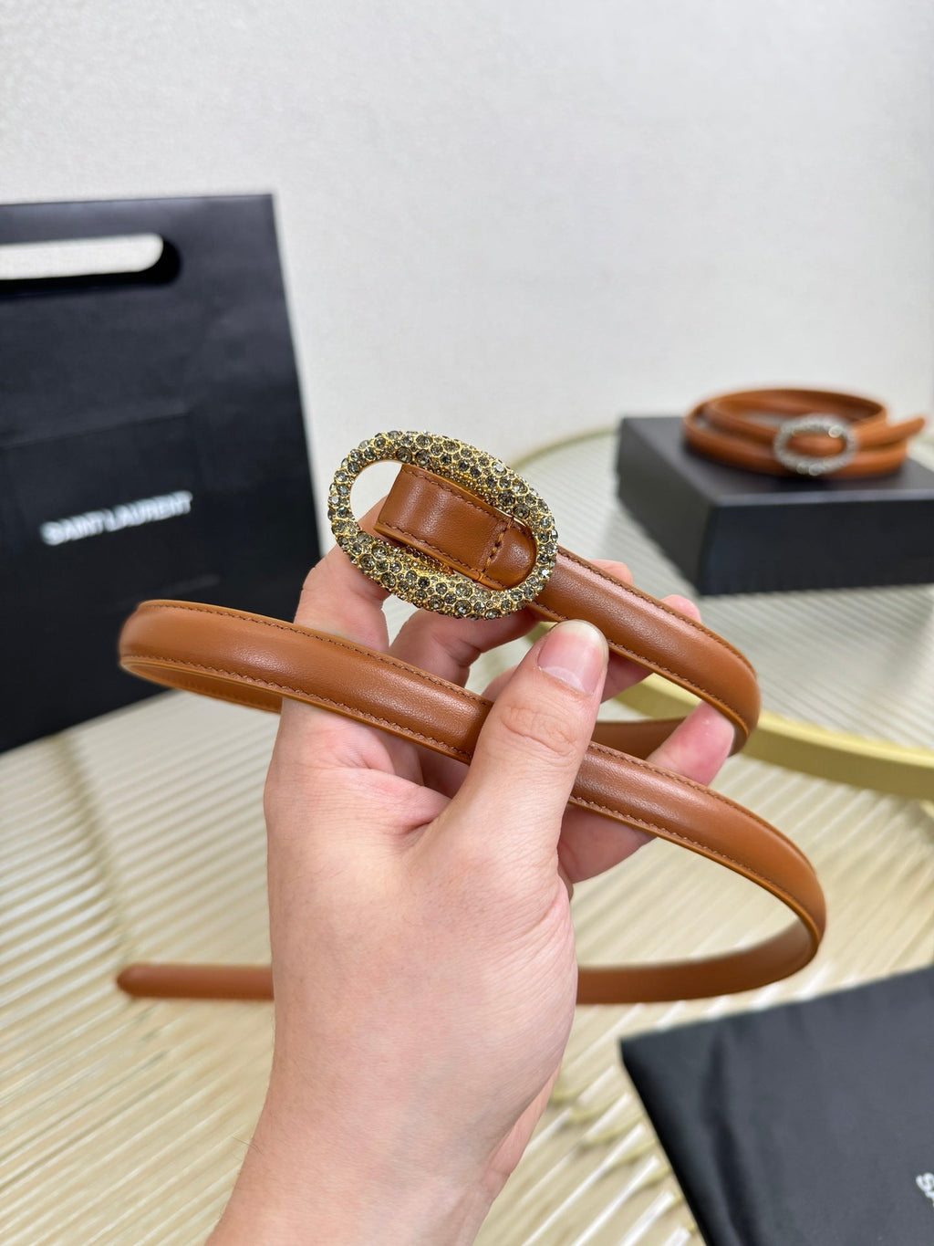 YSL 1.5 Gold Oval Buckle Belt Brown Leather 200481