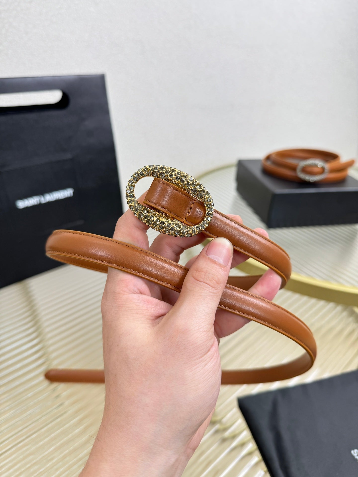YSL 1.5 Gold Oval Buckle Belt Brown Leather 200481