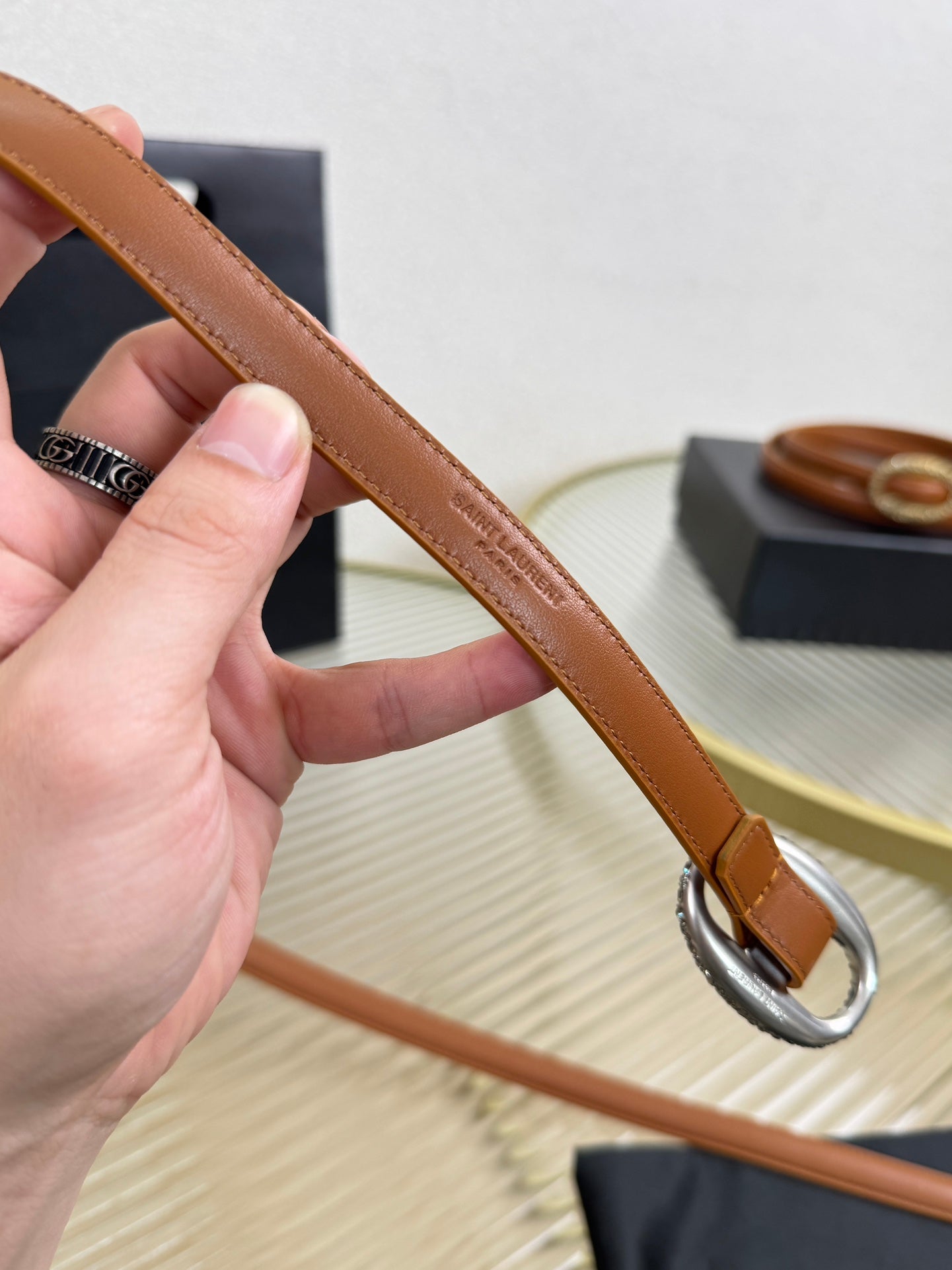 YSL 1.5 Sliver Oval Buckle Belt Brown Leather 200480