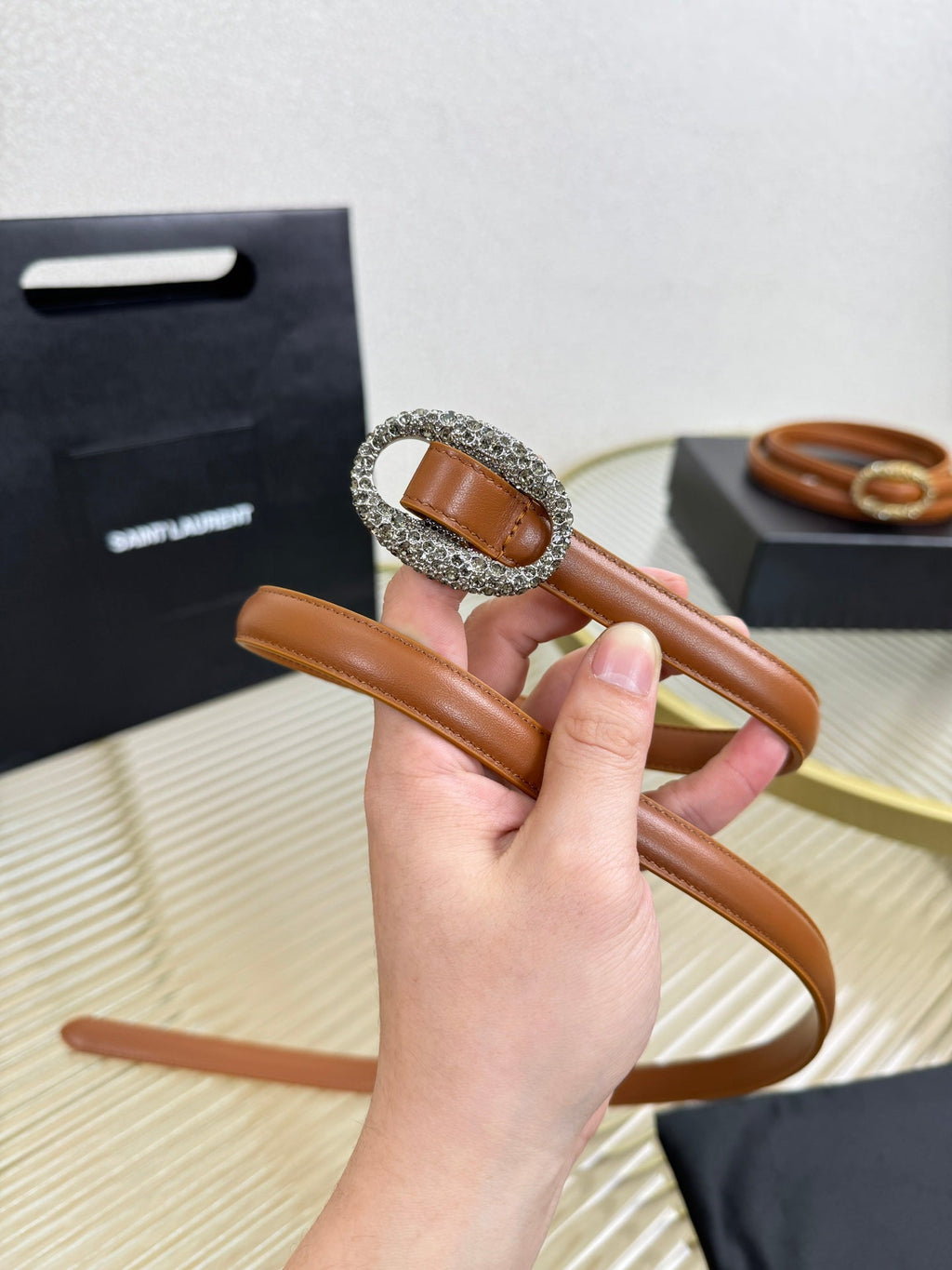 YSL 1.5 Sliver Oval Buckle Belt Brown Leather 200480