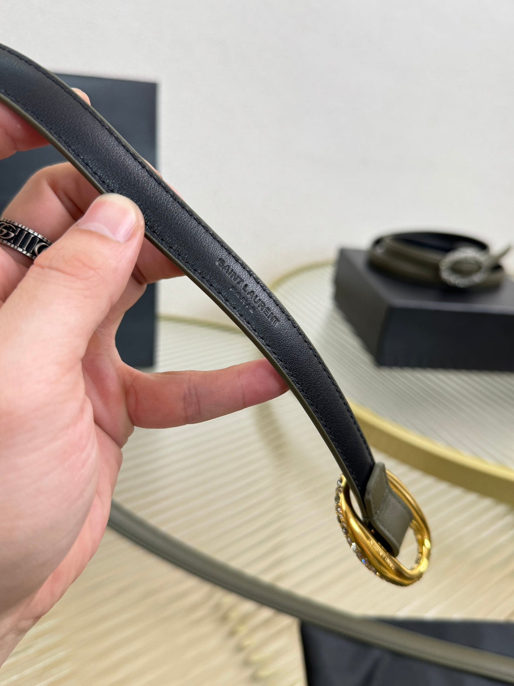 YSL 1.5 Gold Oval Buckle Belt Olive Green Leather 200479