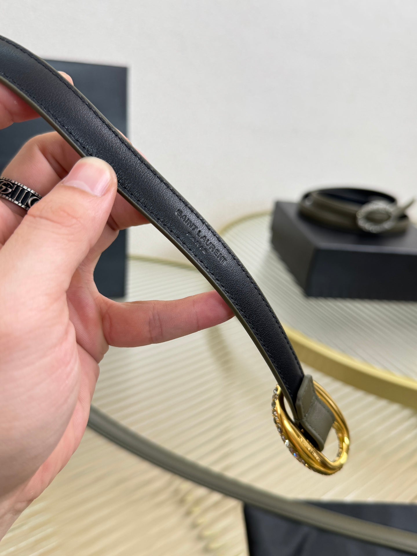 YSL 1.5 Gold Oval Buckle Belt Olive Green Leather 200479