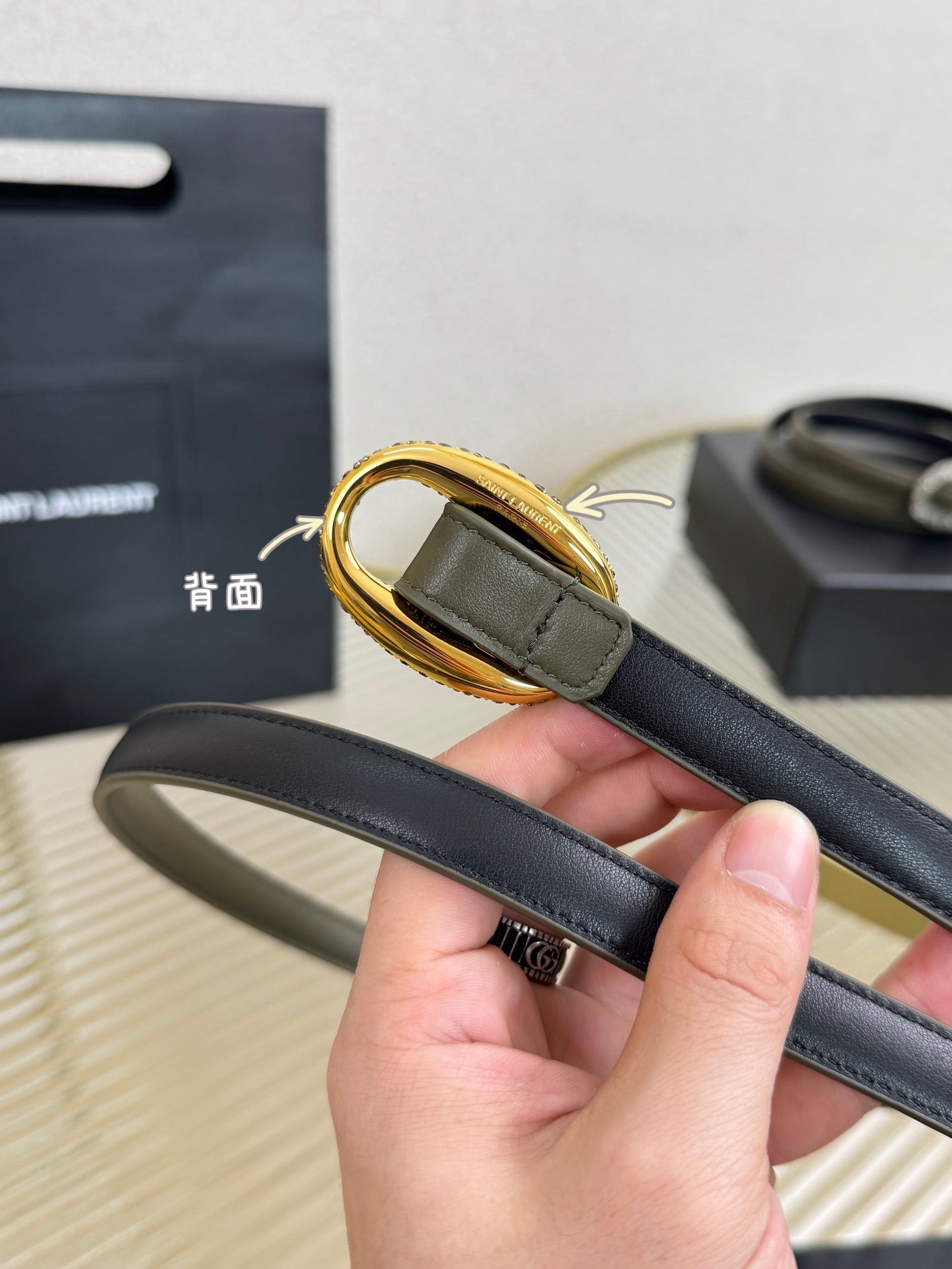 YSL 1.5 Gold Oval Buckle Belt Olive Green Leather 200479
