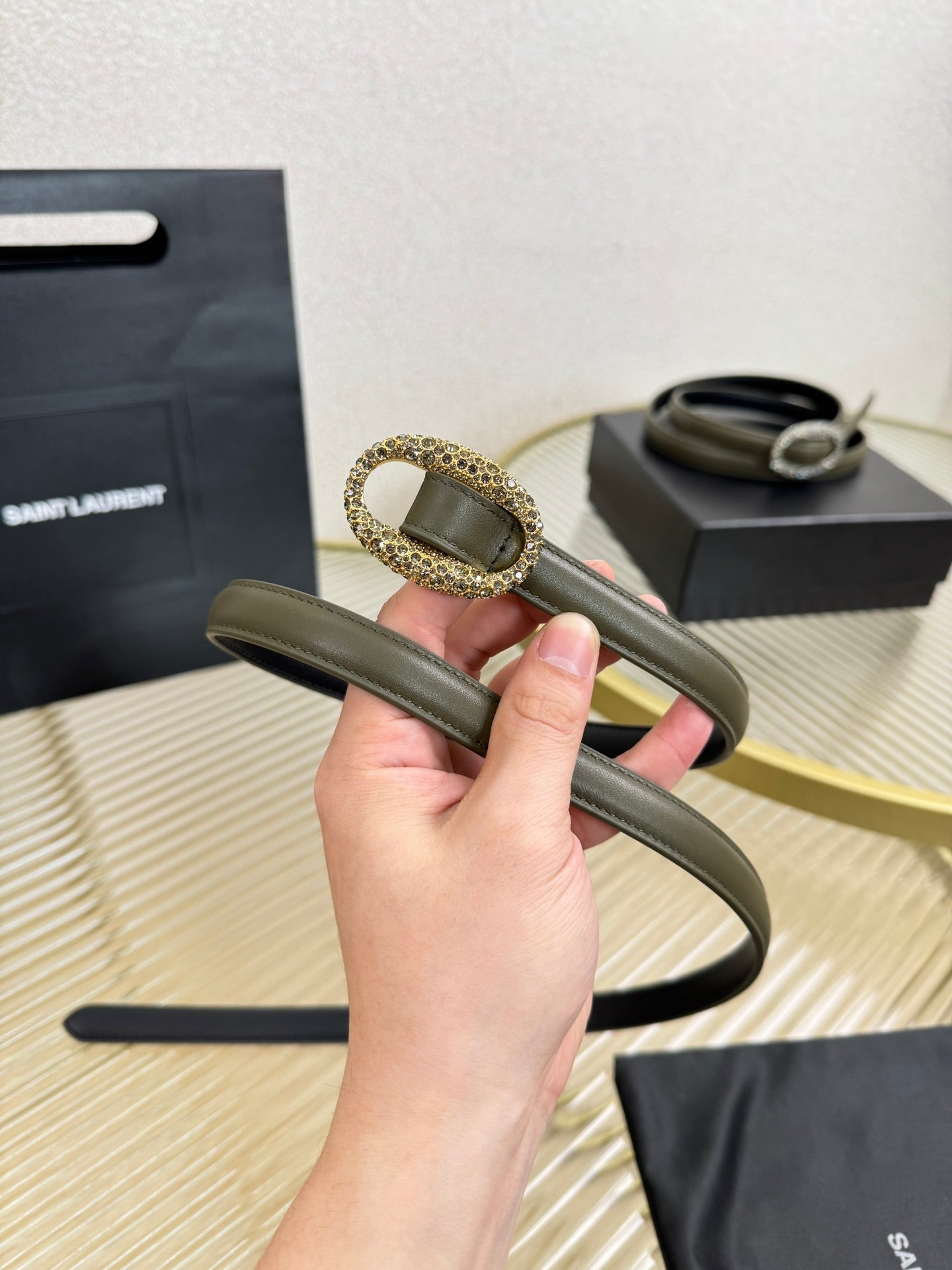 YSL 1.5 Gold Oval Buckle Belt Olive Green Leather 200479