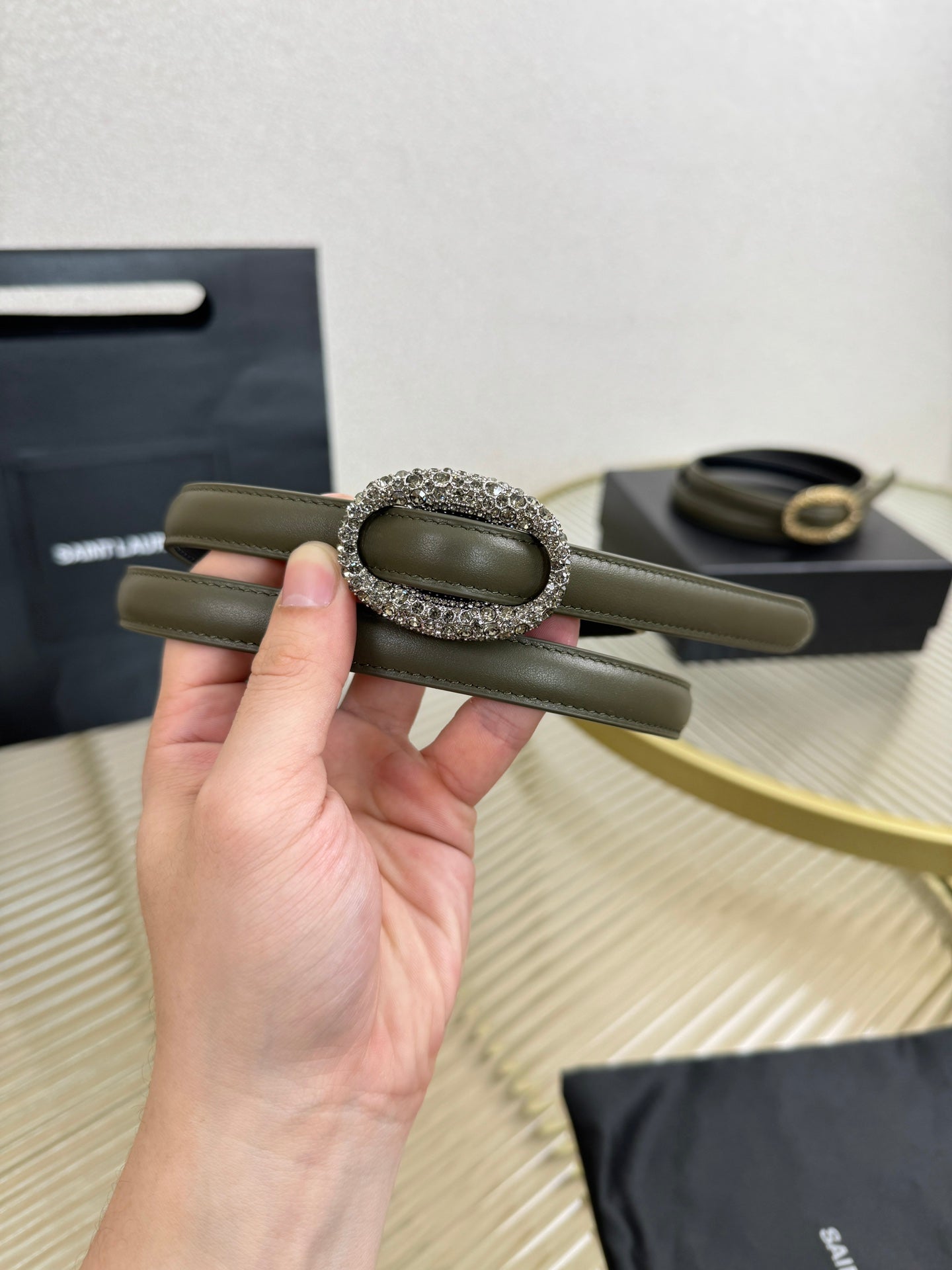 YSL 1.5 Sliver Oval Buckle Belt Olive Green Leather 200478