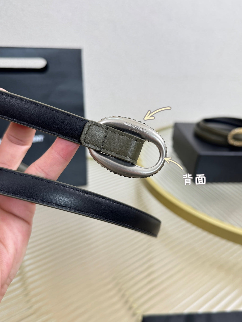 YSL 1.5 Sliver Oval Buckle Belt Olive Green Leather 200478