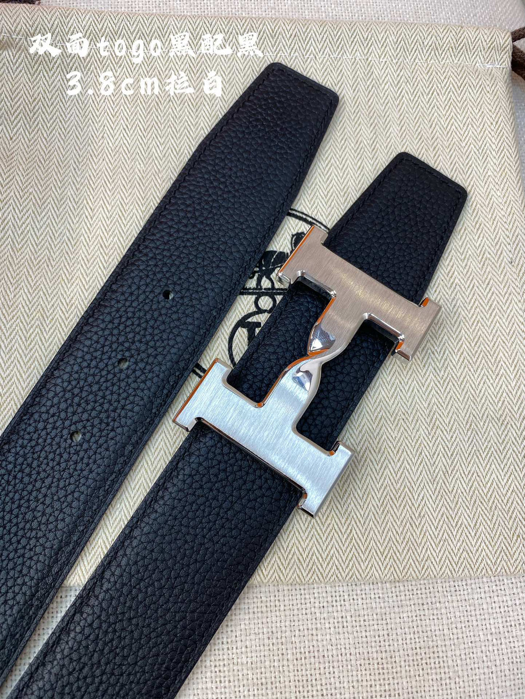 HM H BELT BUCKLE & REVERSIBLE BLACK LEATHER STRAP 38MM SILVER HARDWARE
