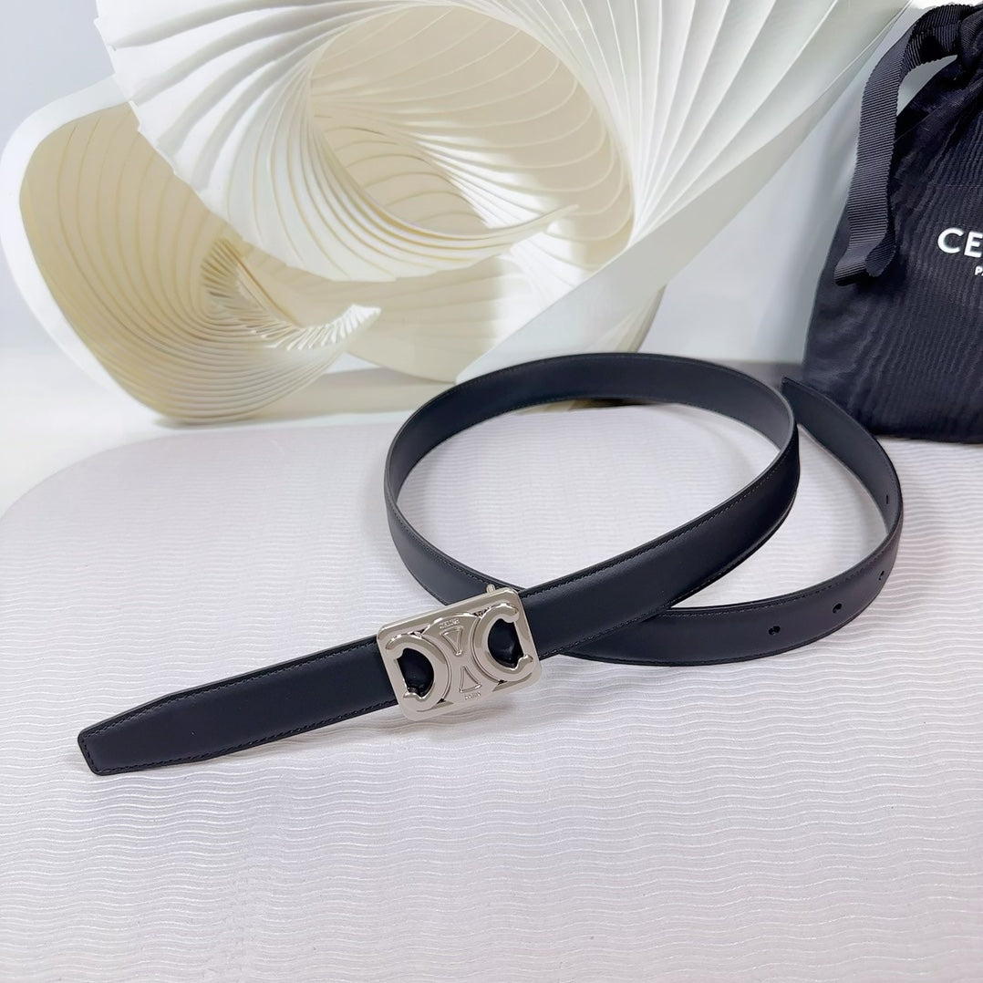 CL MEDIUM 25 MM REVERSIBLE FRAMED TRIOMPHE BELT BLACK CALFSKIN LIGHT SILVER HARDWARE