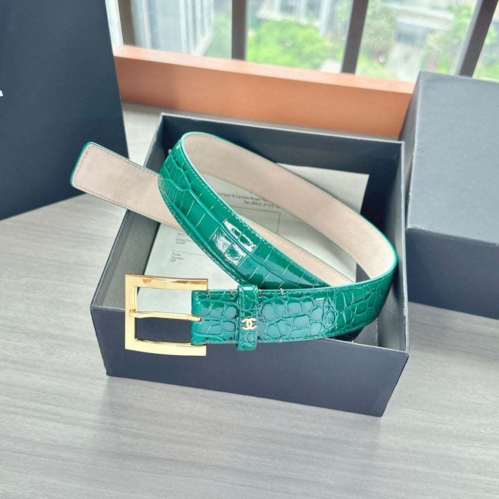 CC Belt 3cm Teal Green Embossed Crocodile Pattern Leather 202935